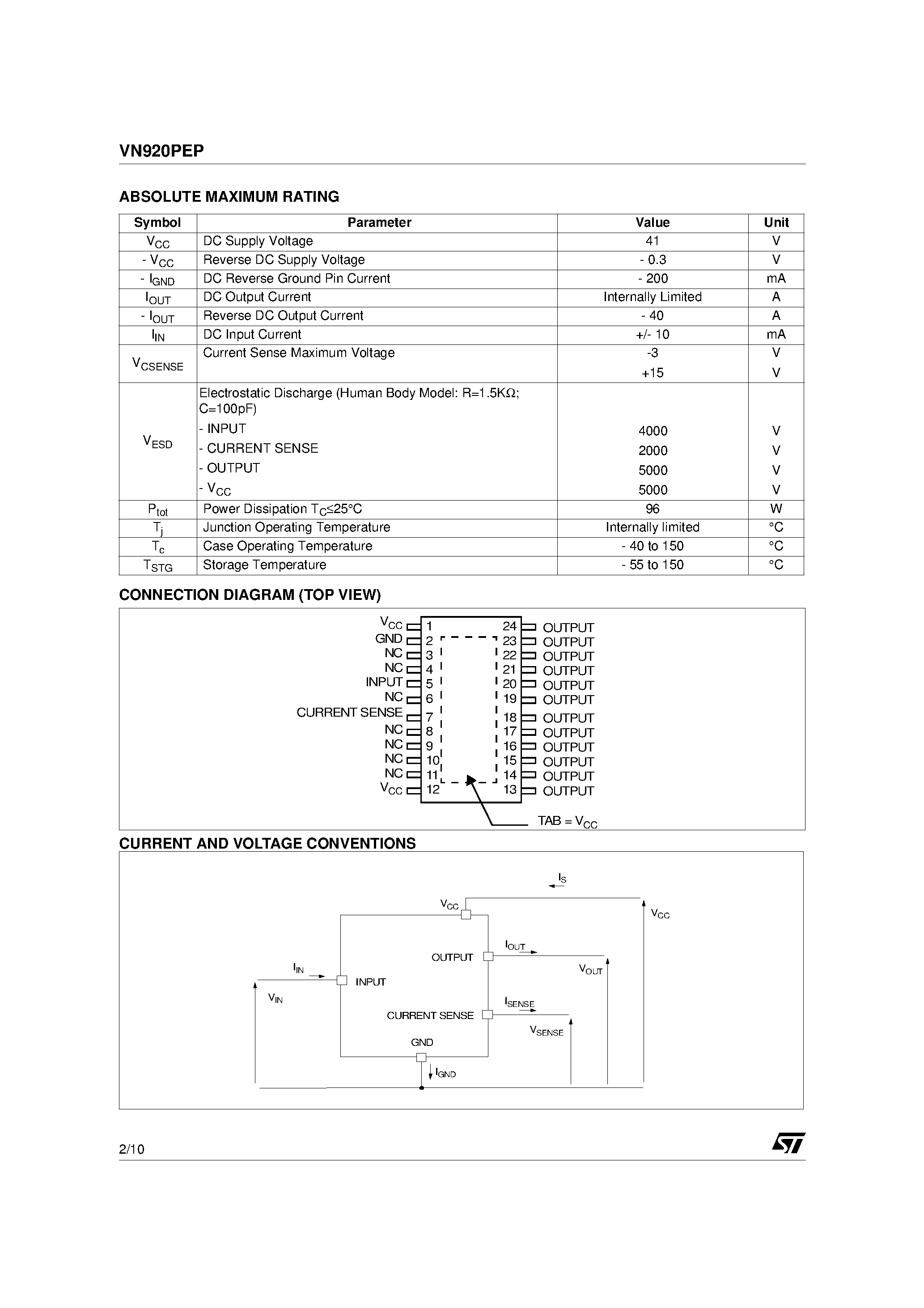 Даташит VN920PEP - SINGLE CHANNEL HIGH SIDE SOLID STATE RELAY страница 2