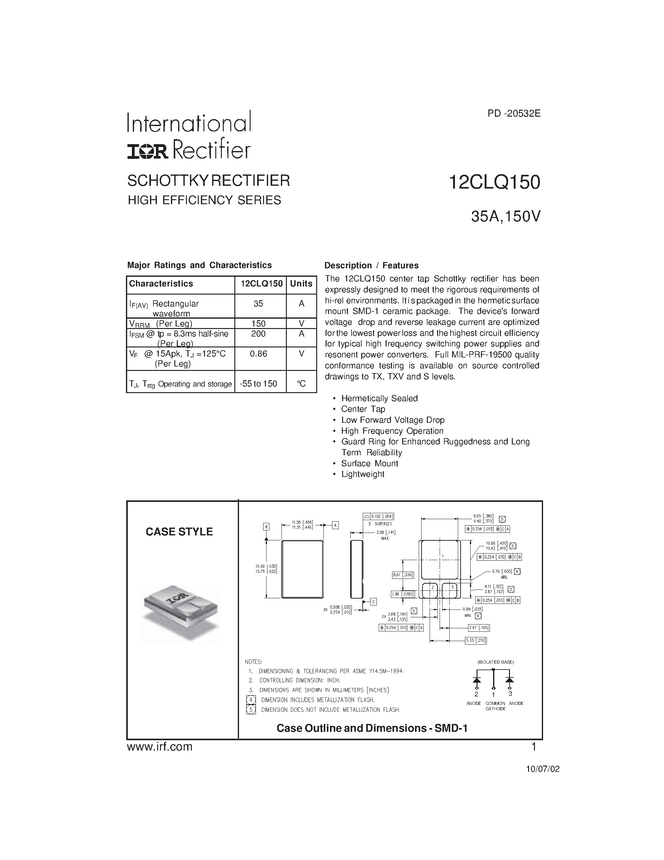 Datasheet 12CLQ150 - center tap Schottky rectifier has been expressly designed to meet the rigorous requirements of hi-rel environments page 1