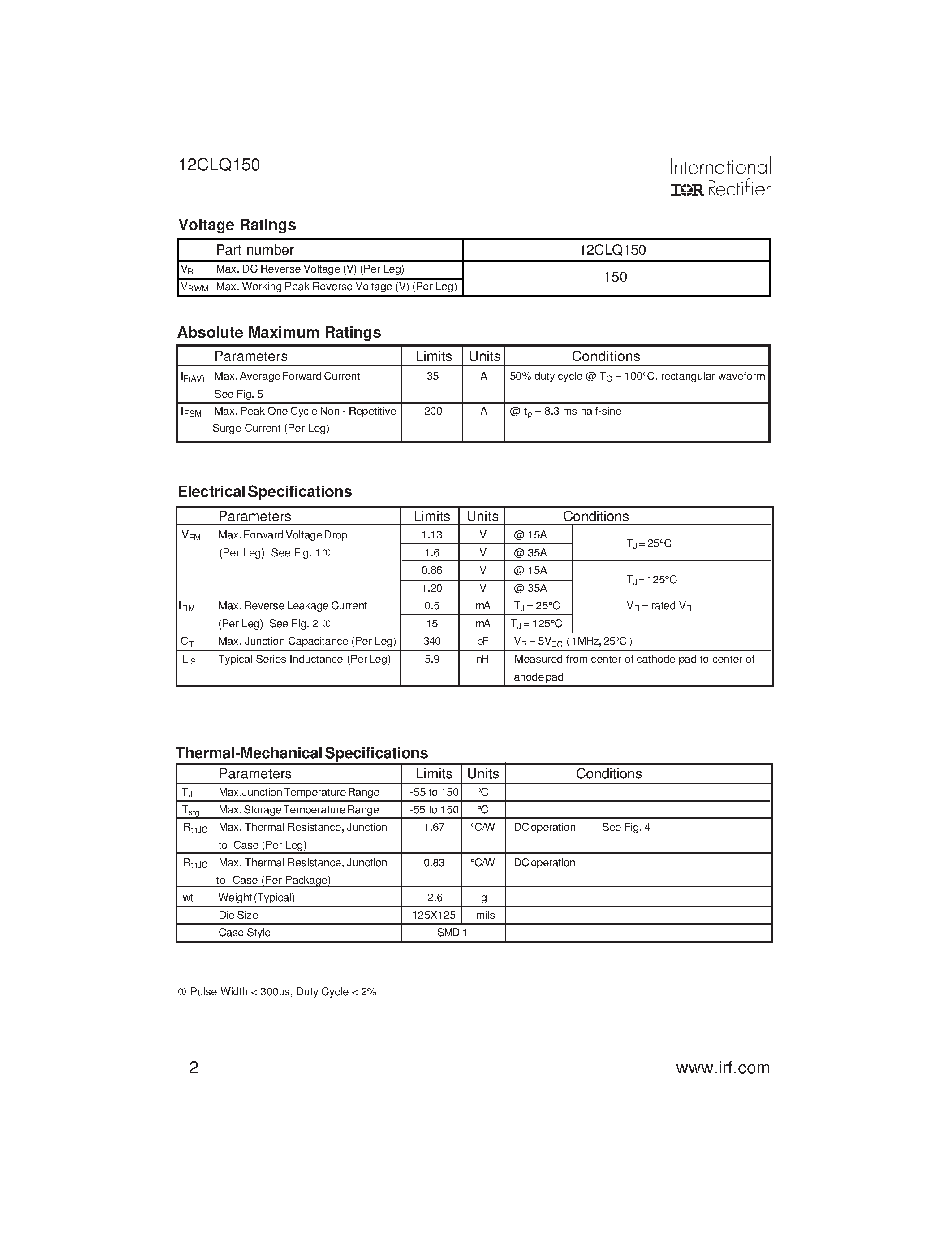 Datasheet 12CLQ150 - center tap Schottky rectifier has been expressly designed to meet the rigorous requirements of hi-rel environments page 2