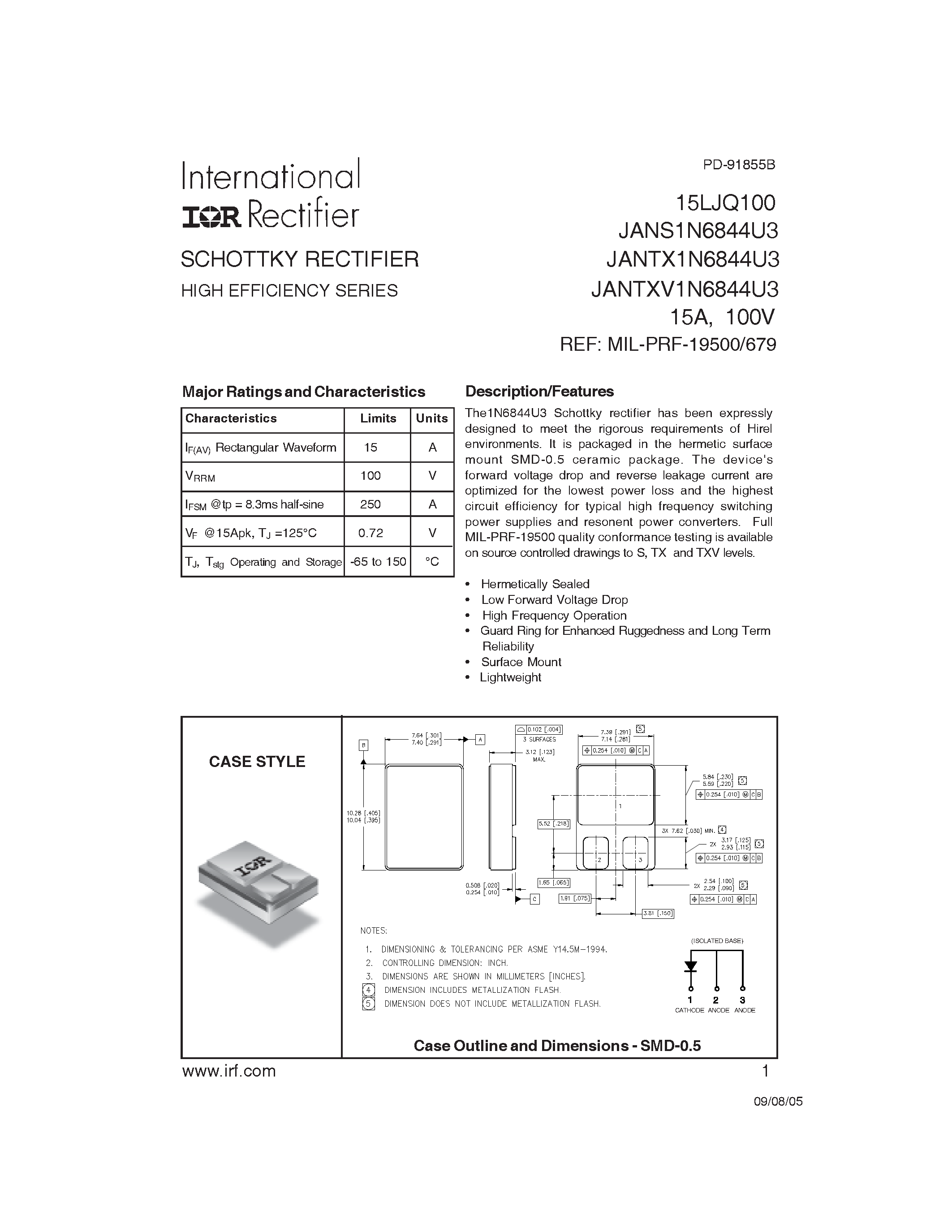 Datasheet 15LJQ100 - SCHOTTKY RECTIFIER HIGH EFFICIENCY SERIES page 1