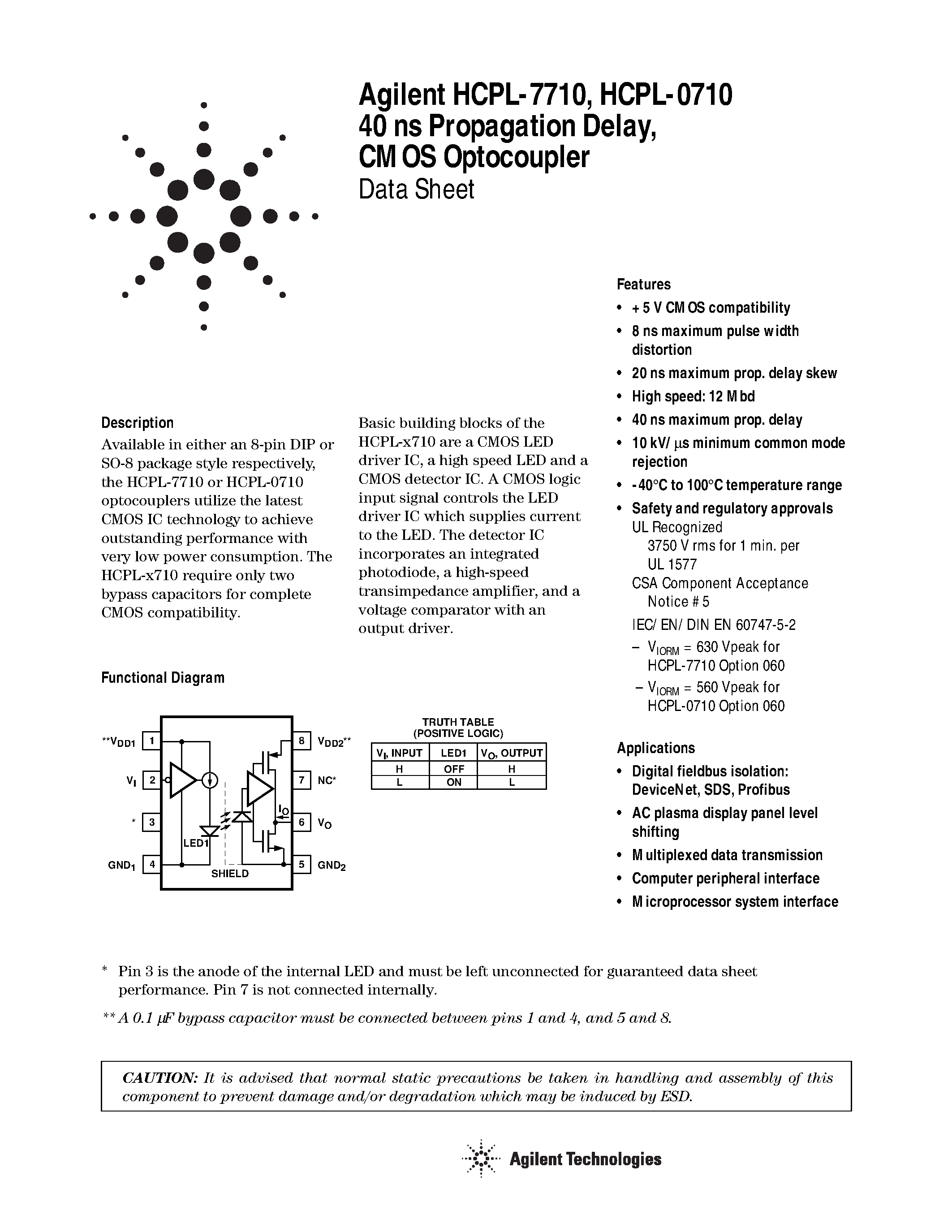 Datasheet HCPL-7710 - 40 ns Propagation Delay / CMOS Optocoupler page 1