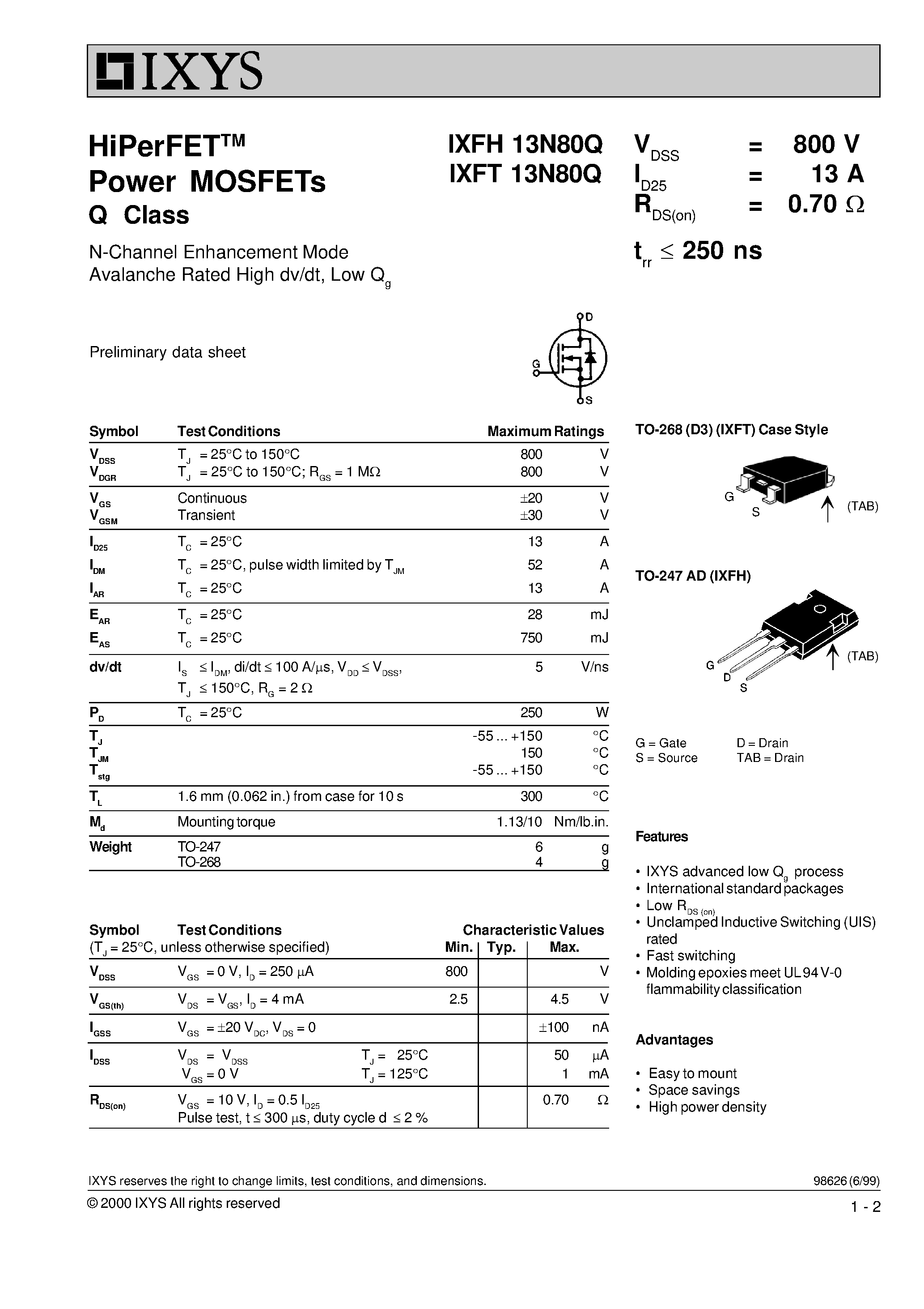 Datasheet IXFH13N80Q - HiPerFET Power MOSFETs Q Class page 1