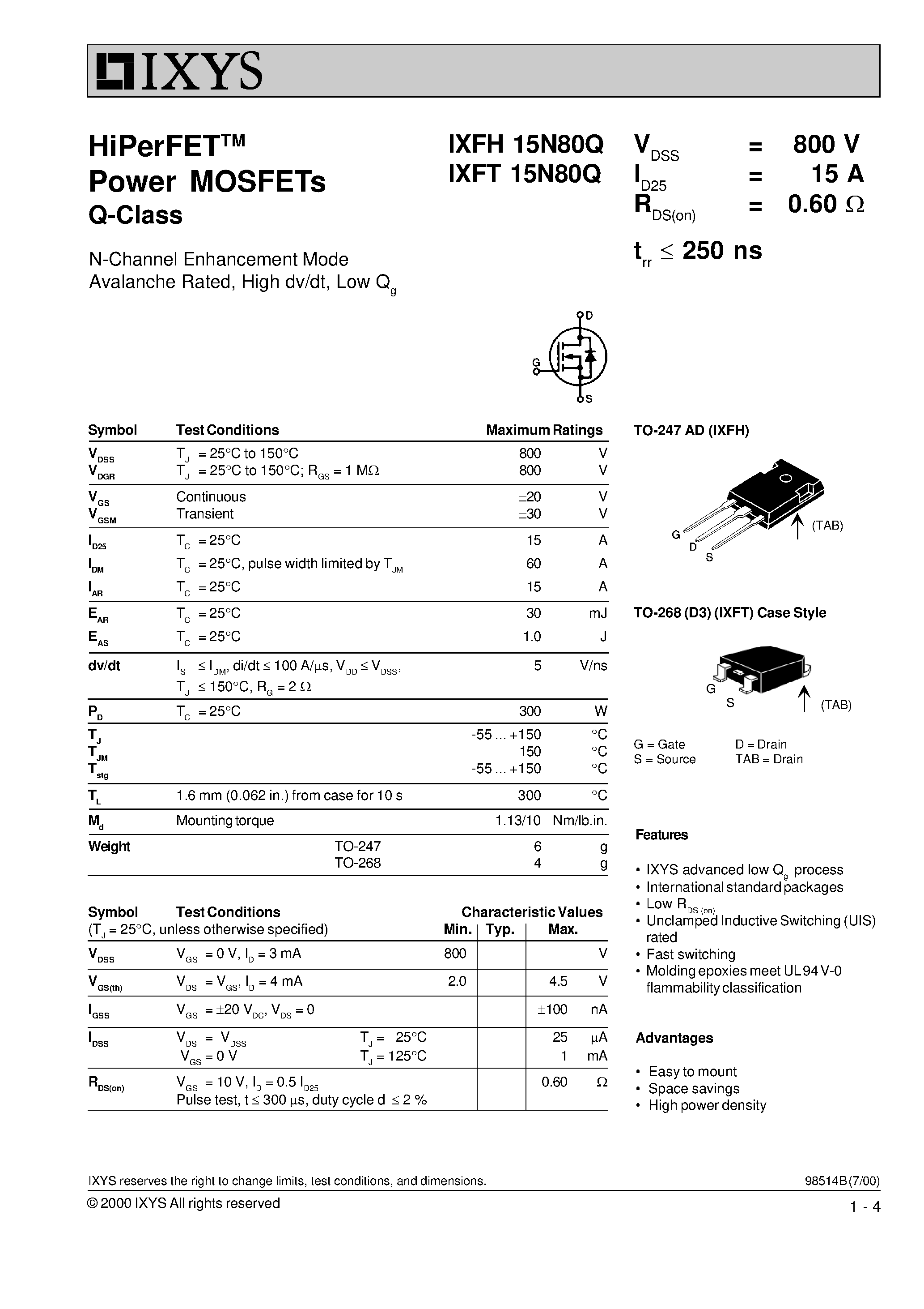 Datasheet IXFH15N80Q - HiPerFET Power MOSFETs Q-Class page 1