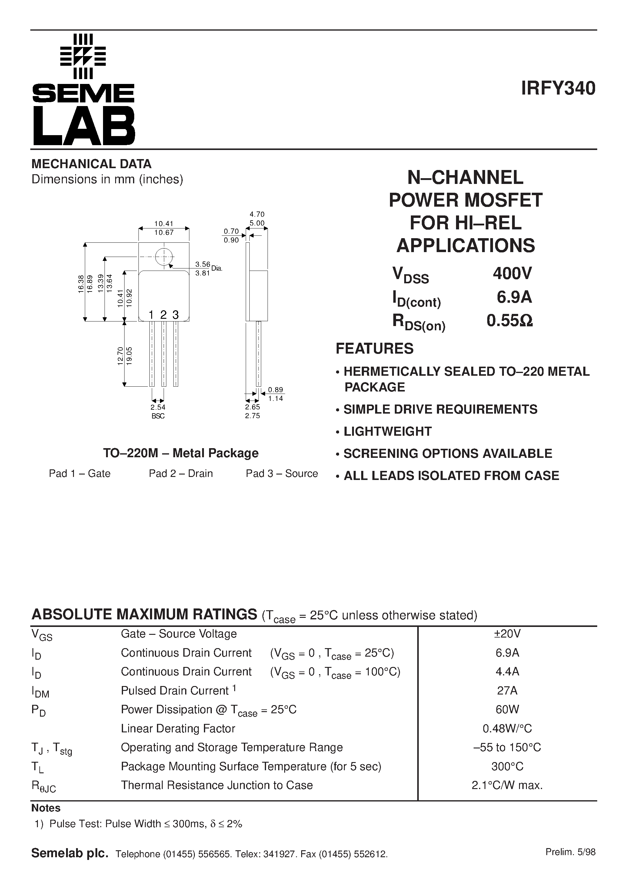 Даташит IRFY340 - N-CHANNEL POWER MOSFET FOR HI-REL APPLICATIONS страница 1