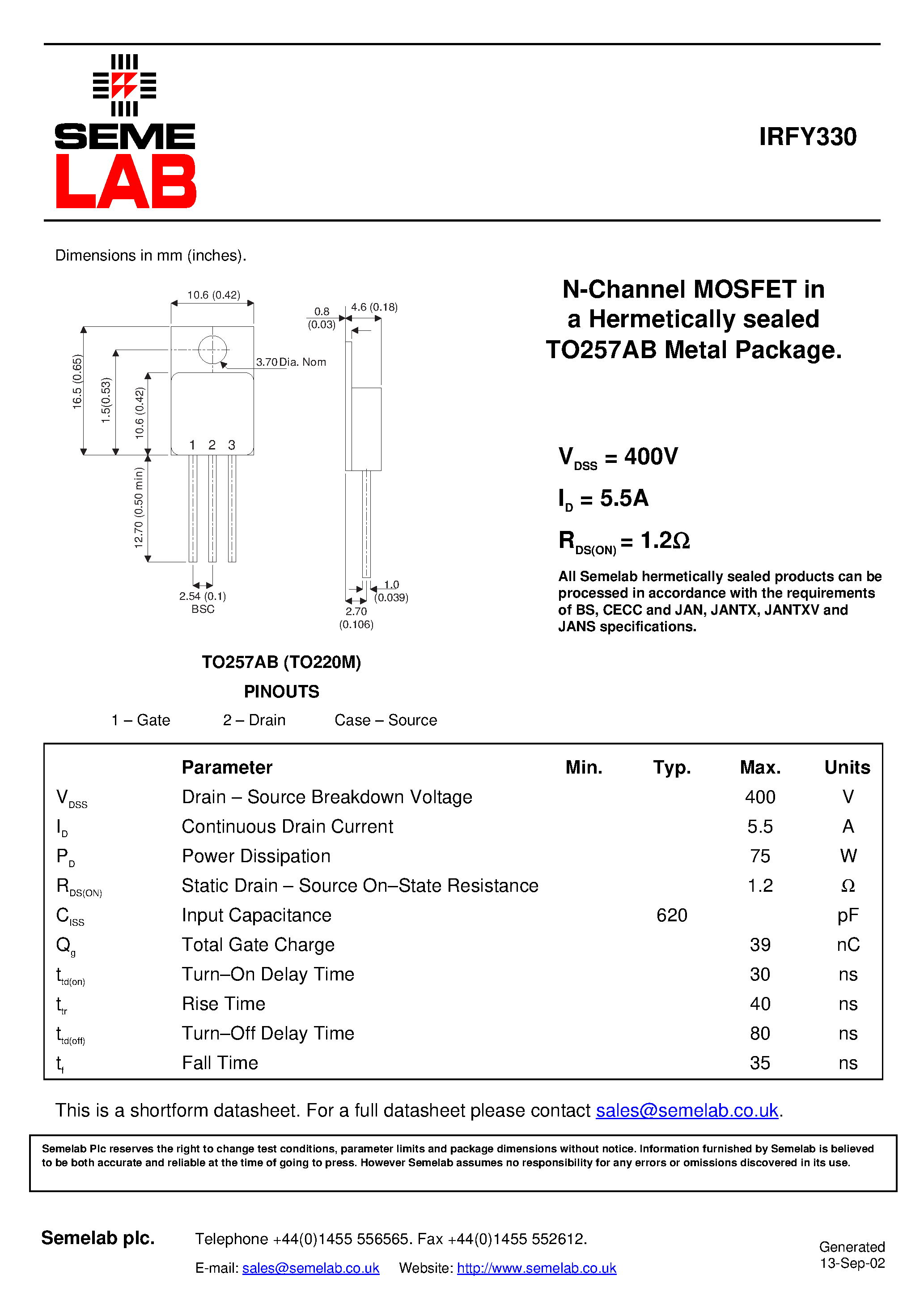 Даташит IRFY330 - N-Channel MOSFET in a Hermetically sealed TO257AB Metal Package страница 1