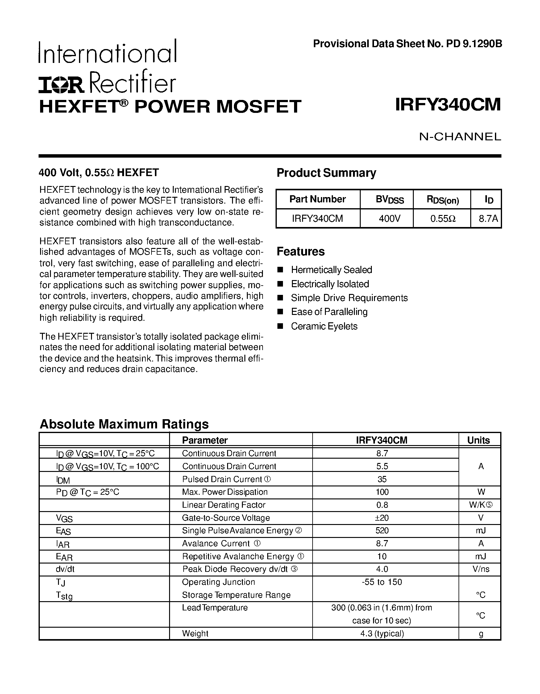 Даташит IRFY340CM - POWER MOSFET N-CHANNEL страница 1