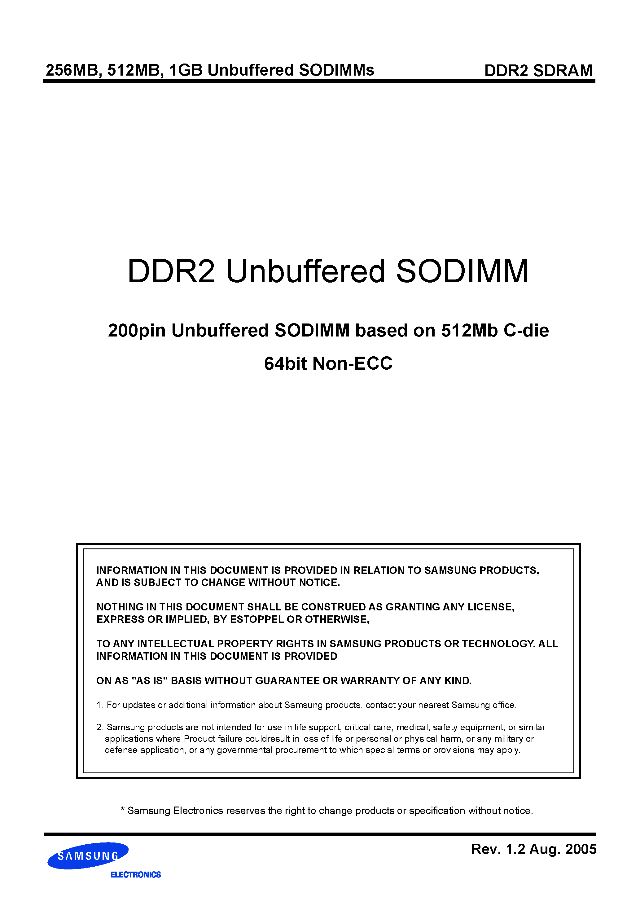 Datasheet M470T3354CZx - DDR2 Unbuffered SODIMM 200pin Unbuffered SODIMM based on 512Mb C-die 64bit Non-ECC page 1