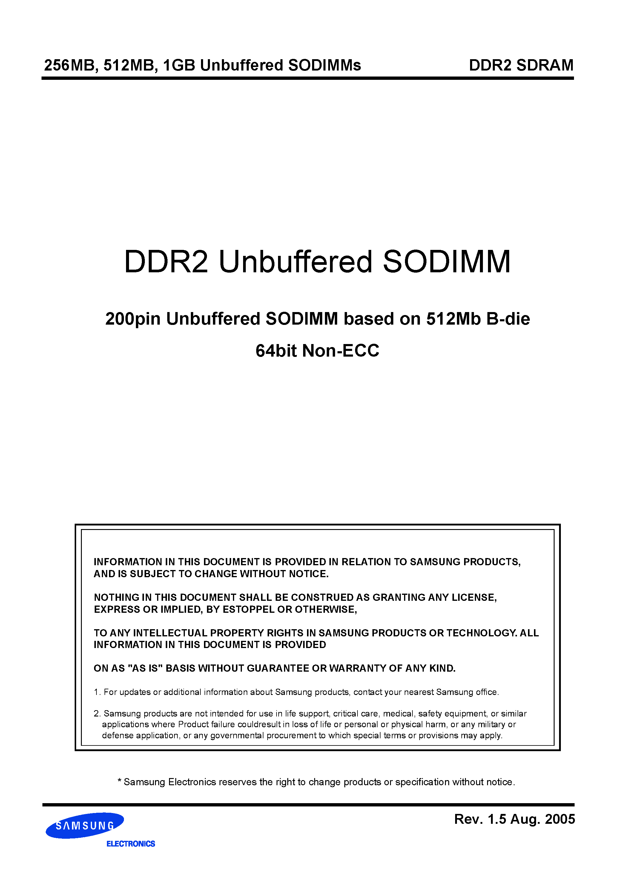 Datasheet M470T2953Bxx - 200pin Unbuffered SODIMM based on 512Mb B-die 64bit Non-ECC page 1