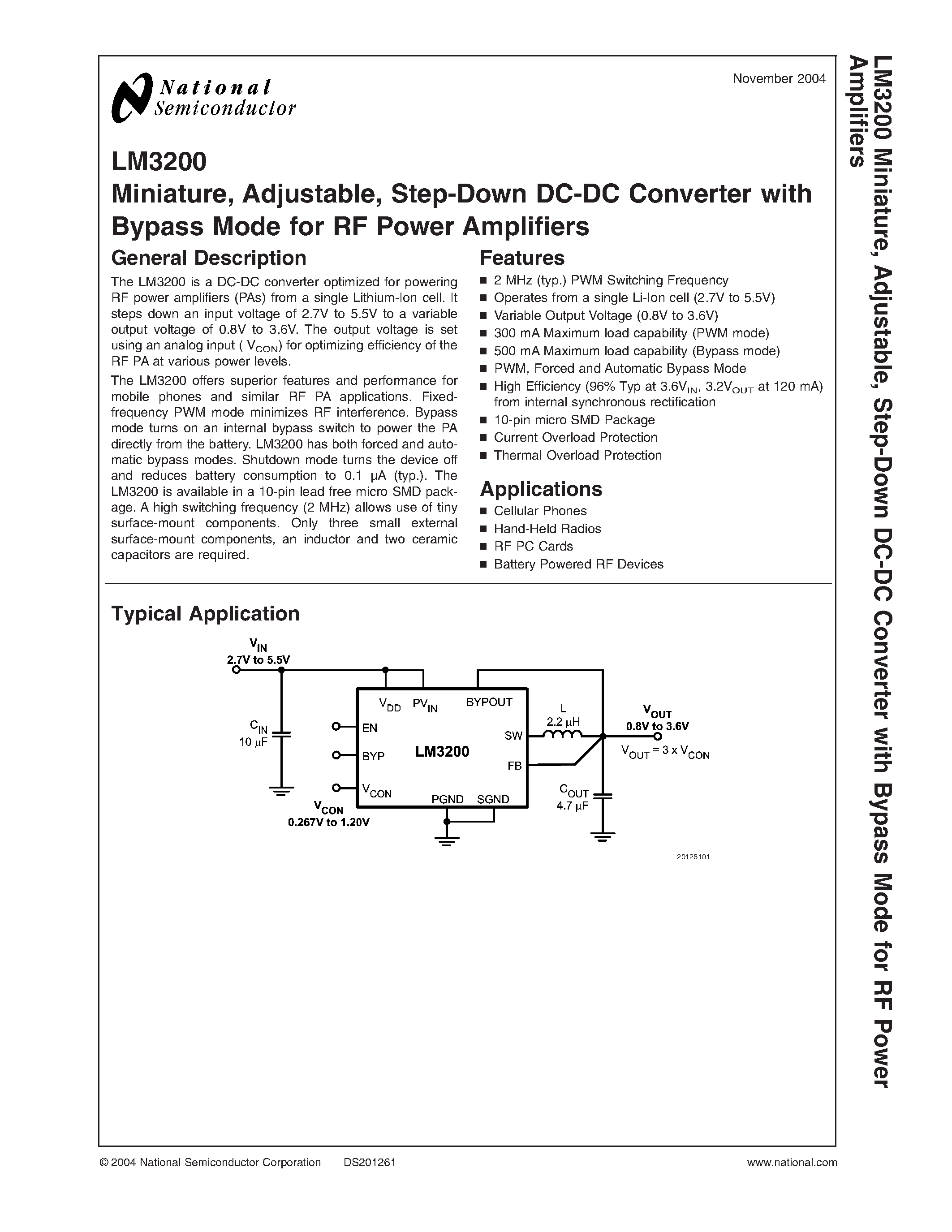 Datasheet LM3200 - Step-Down DC-DC Converter with Bypass Mode for RF Power Amplifiers page 1