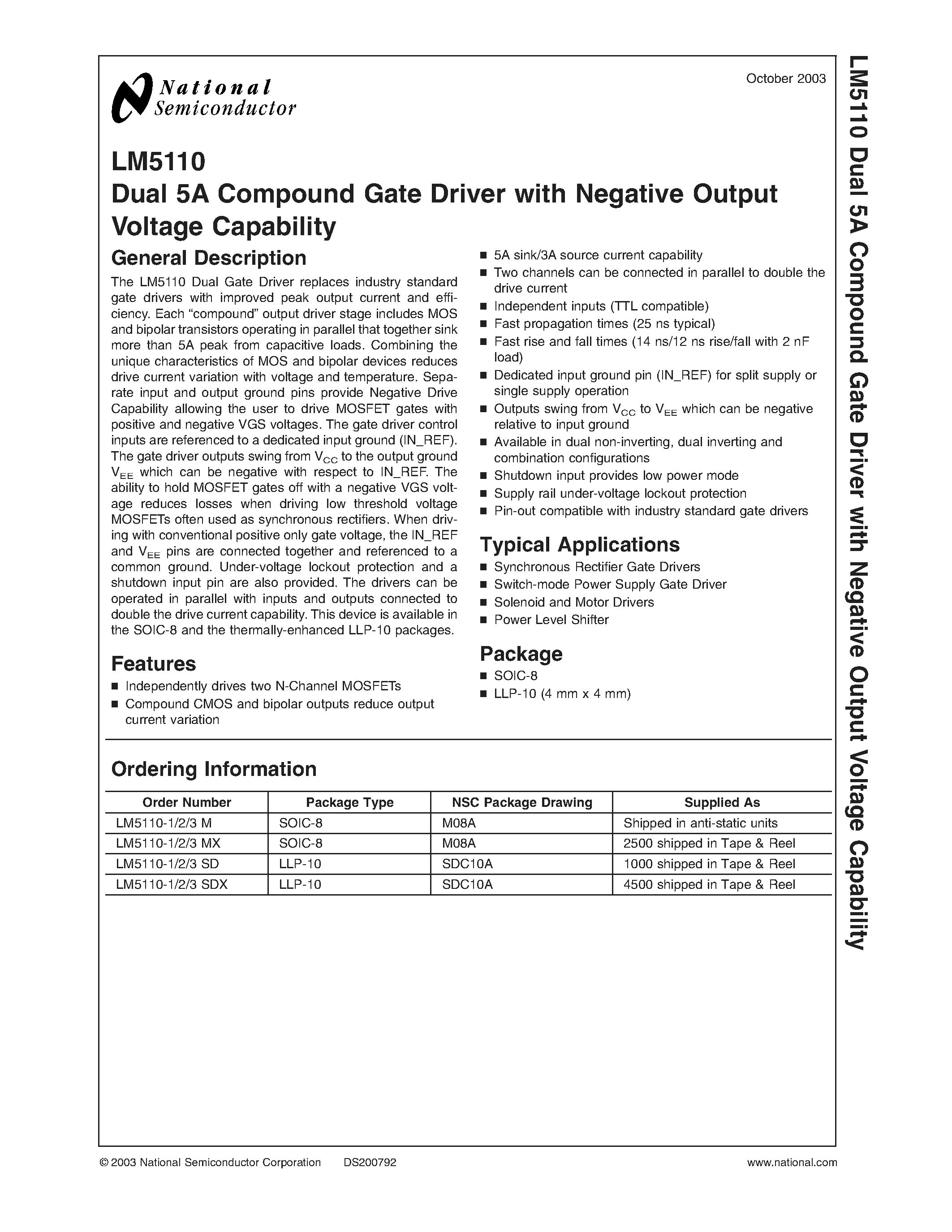 Даташит LM5110 - Dual 5A Compound Gate Driver with Negative Output Voltage Capability страница 1