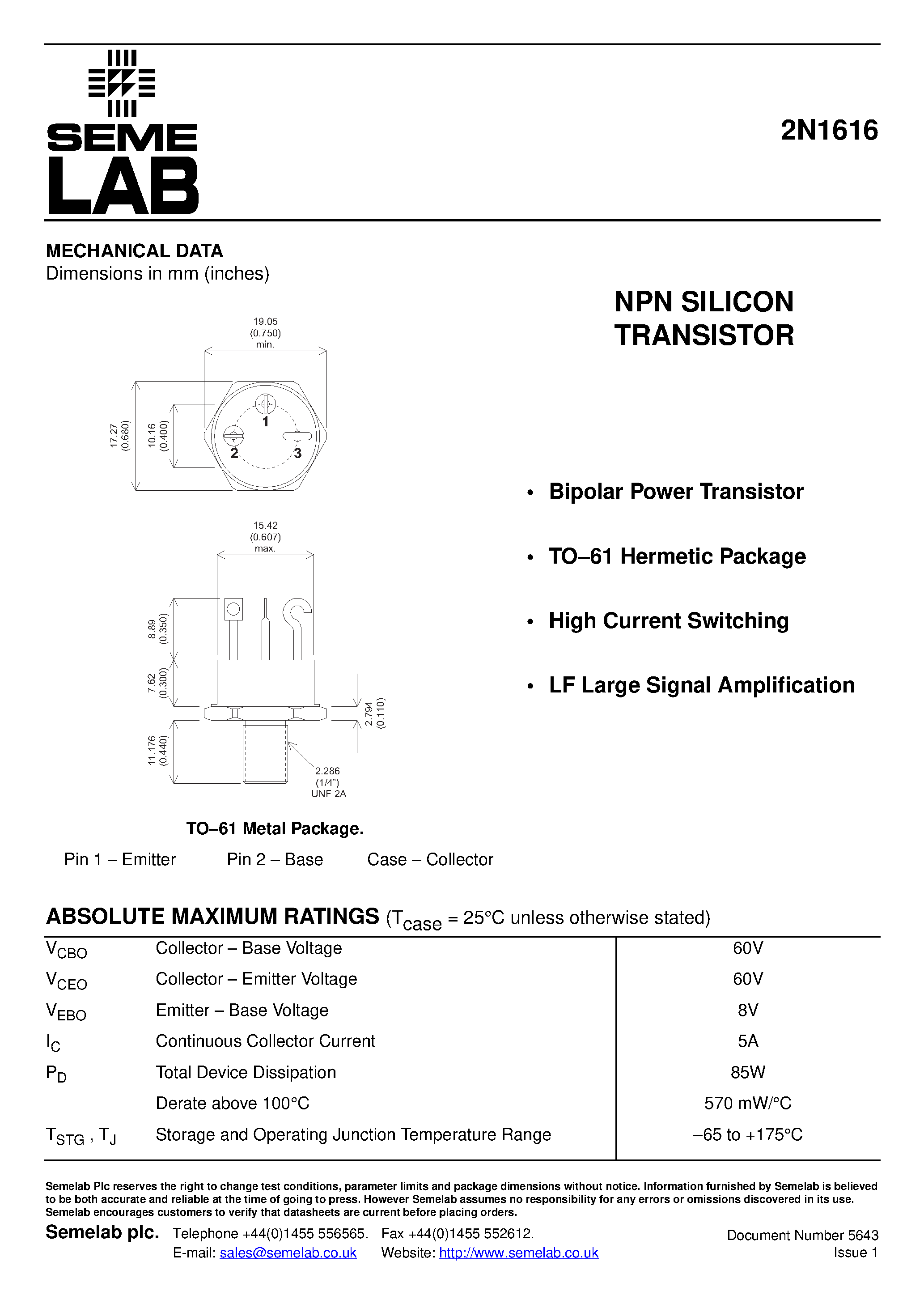 Даташит 2N1616 - NPN SILICON TRANSISTOR страница 1