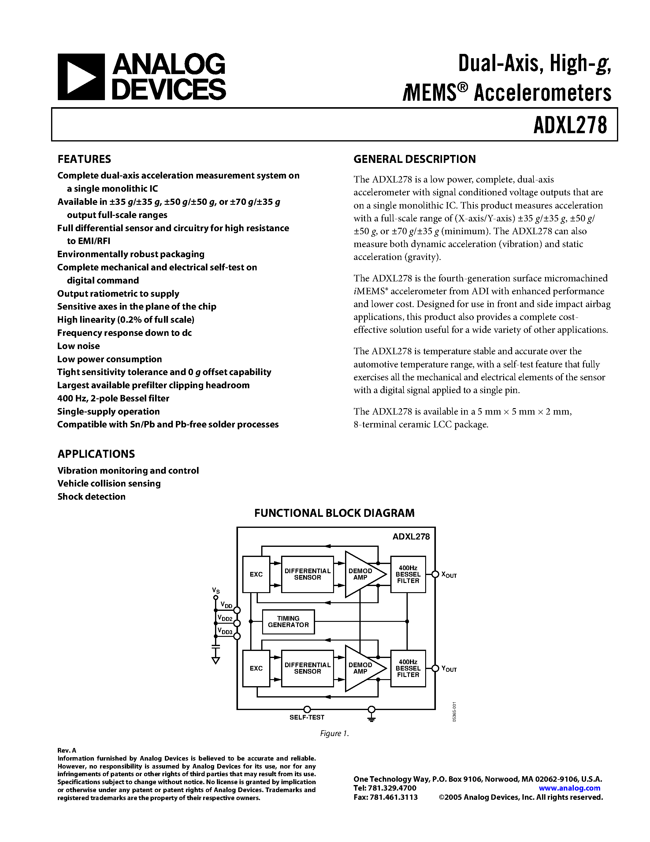 Даташит ADXL278 - Dual-Axis / High-g / MEMS Accelerometers страница 1