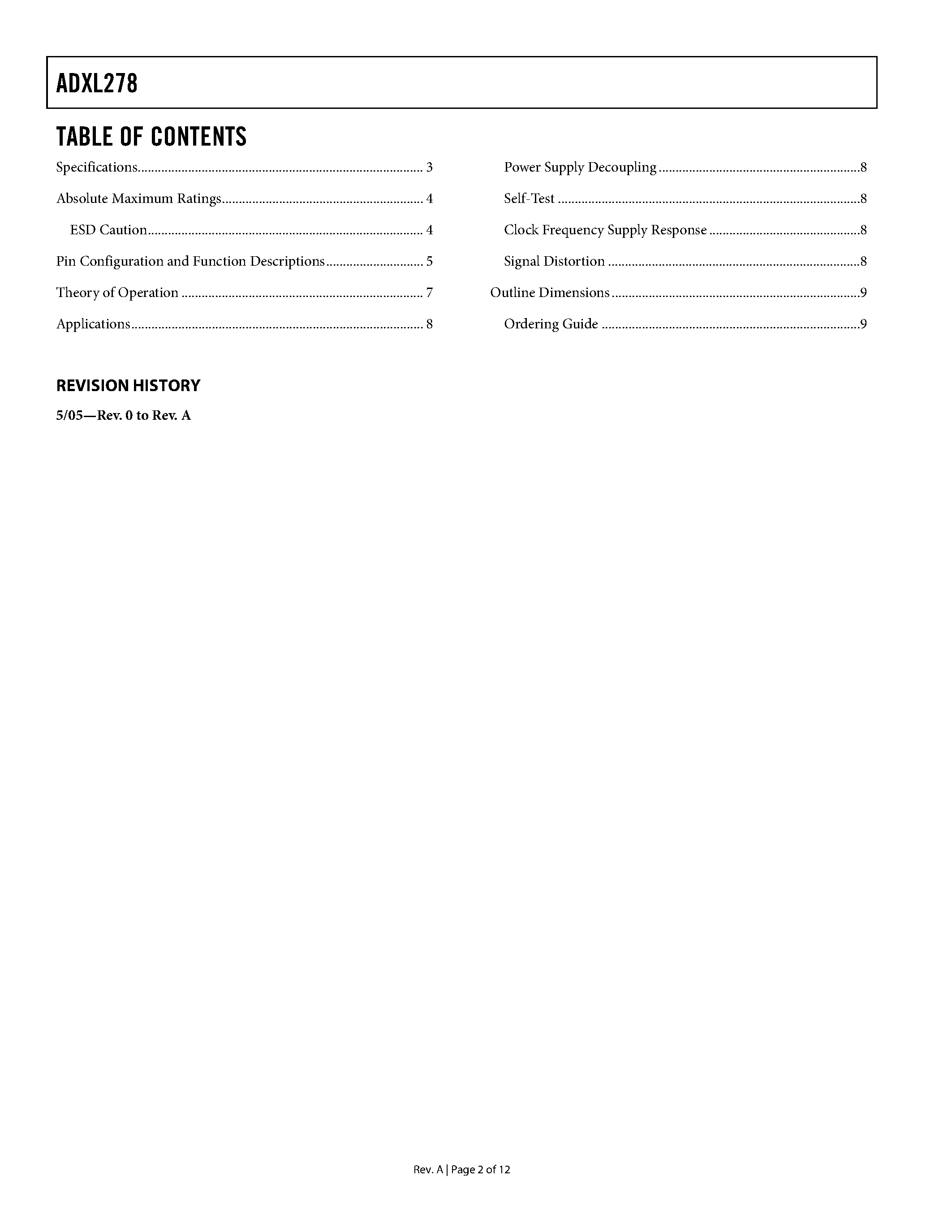 Даташит ADXL278 - Dual-Axis / High-g / MEMS Accelerometers страница 2