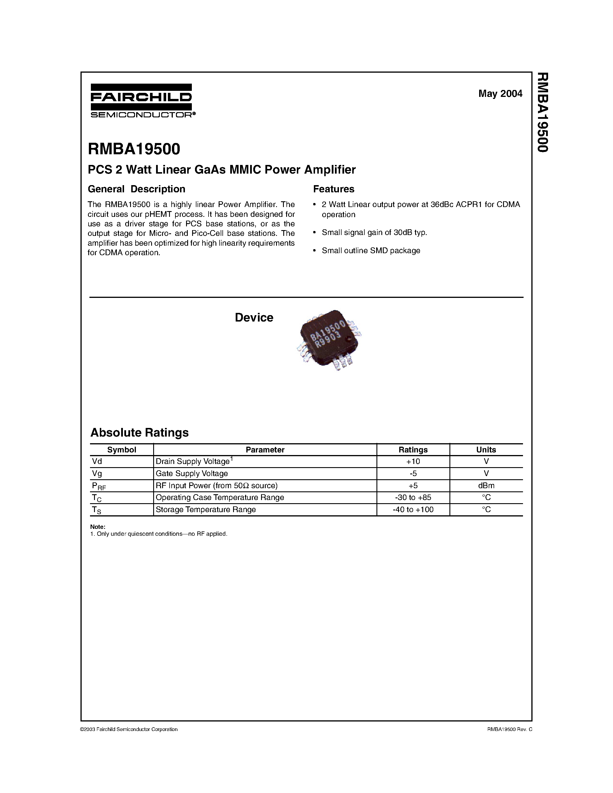 Даташит RMBA19500 - PCS 2 Watt Linear GaAs MMIC Power Amplifier страница 1