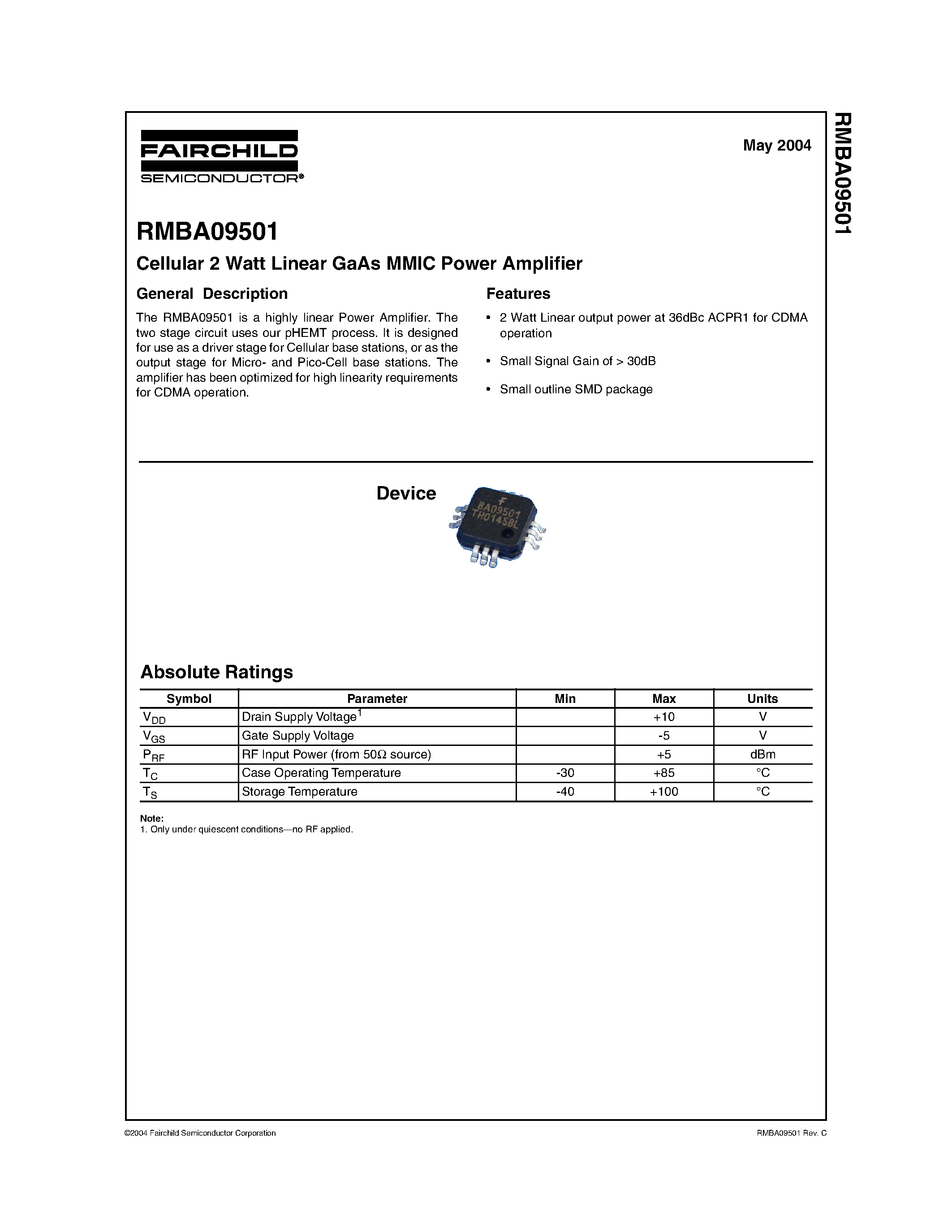 Даташит RMBA09501 - Cellular 2 Watt Linear GaAs MMIC Power Amplifier страница 1