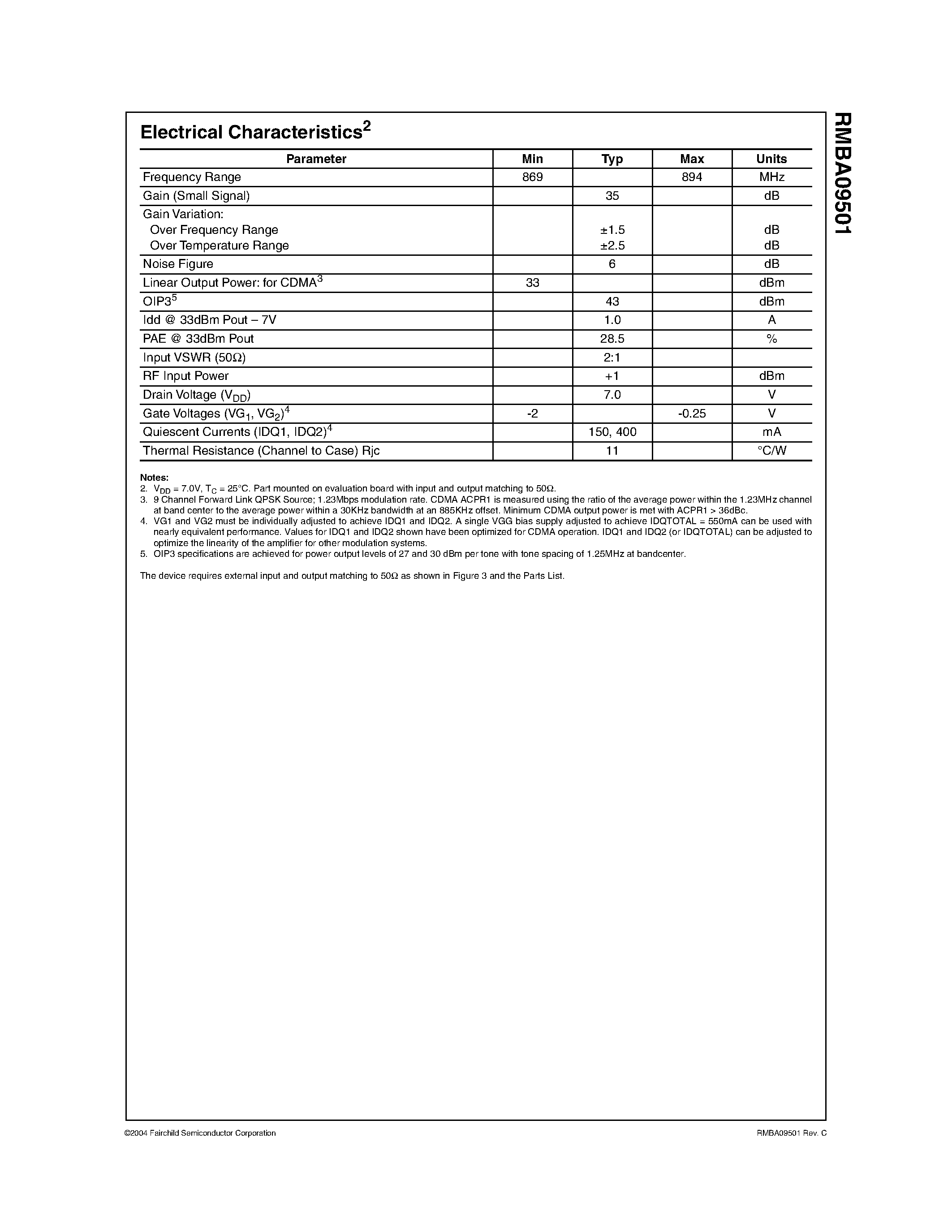 Даташит RMBA09501 - Cellular 2 Watt Linear GaAs MMIC Power Amplifier страница 2