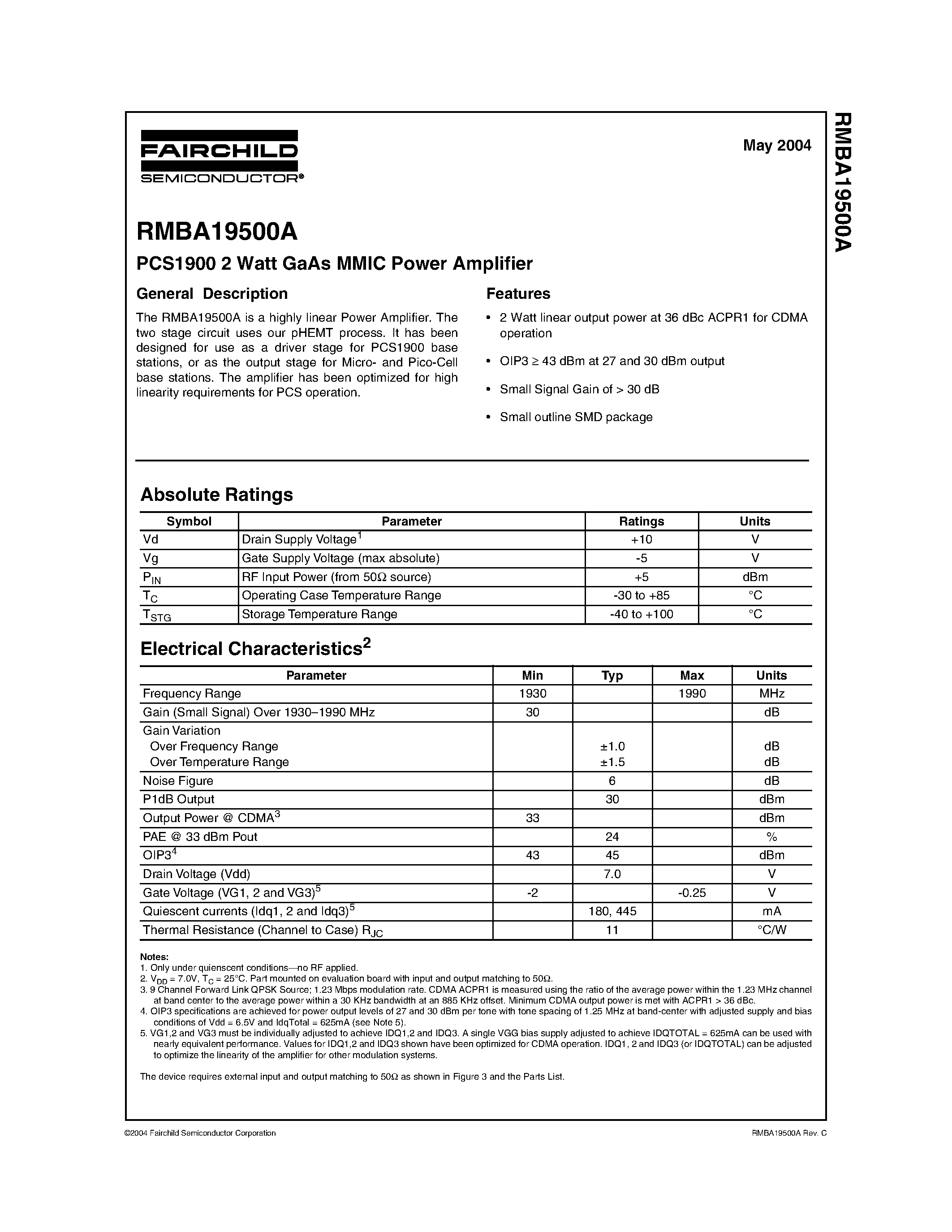 Даташит RMBA19500A - PCS1900 2 Watt GaAs MMIC Power Amplifier страница 1