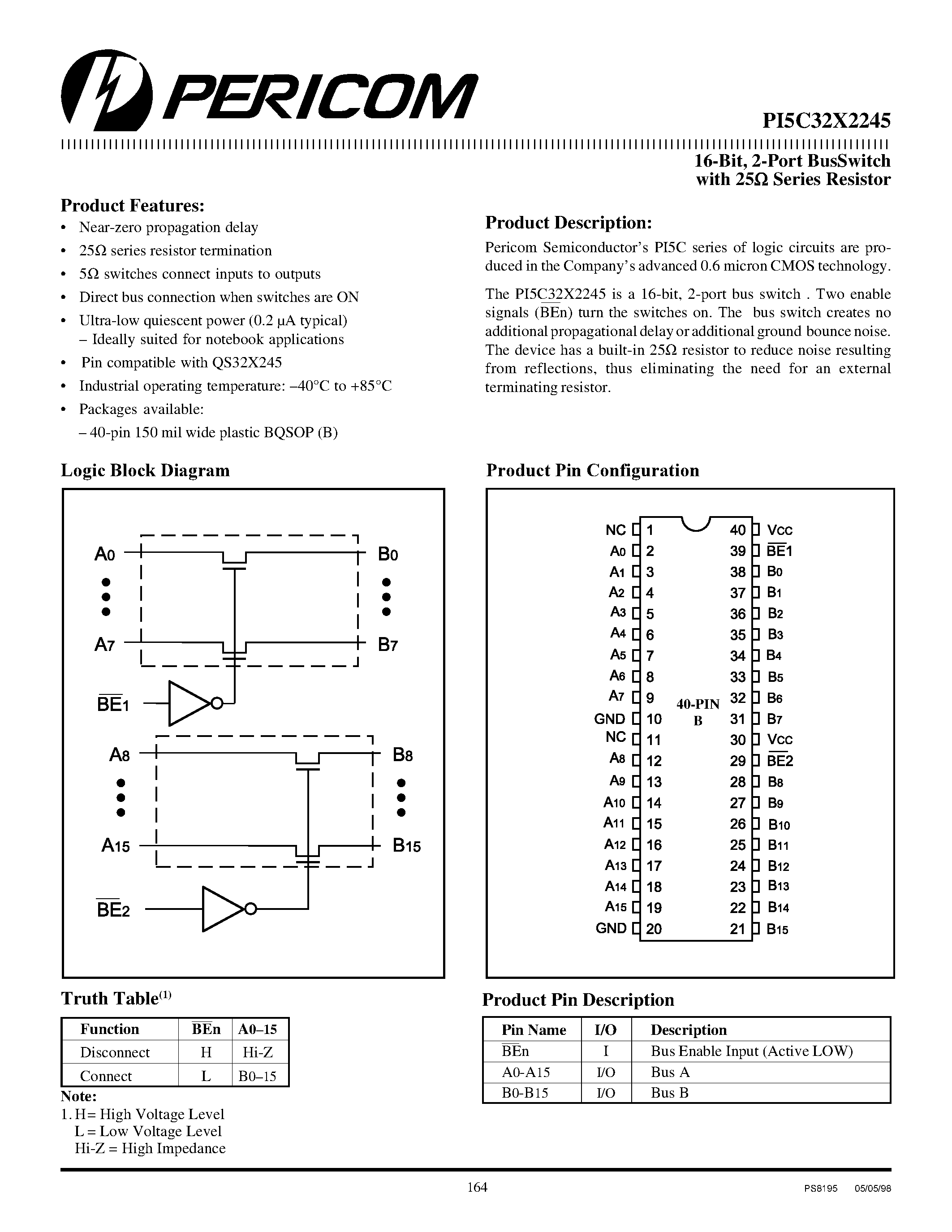 Даташит PI5C32X2245 - 16-Bit / 2-Port BusSwitch with 25 ohm Series Resistor страница 1