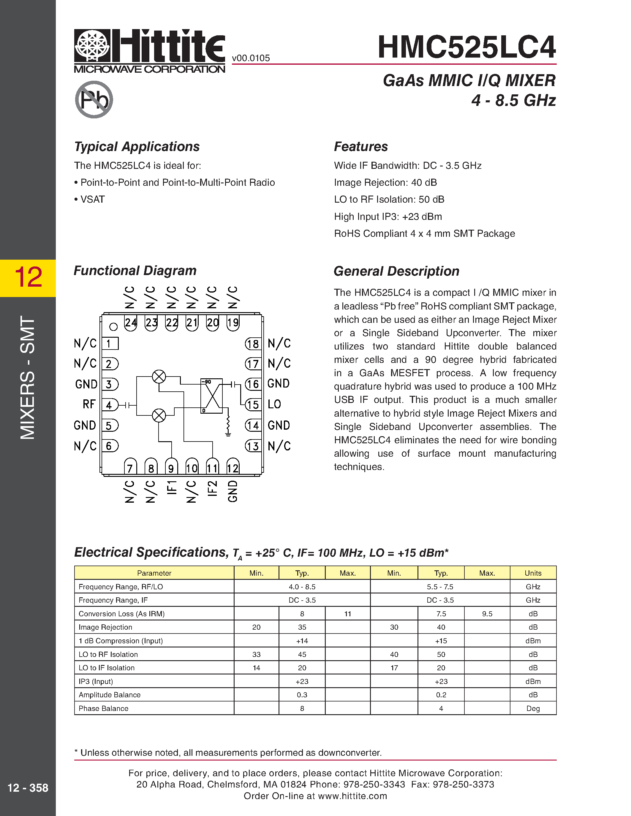 Datasheet HMC525LC4 - GaAs MMIC I/Q MIXER 4 - 8.5 GHz page 1