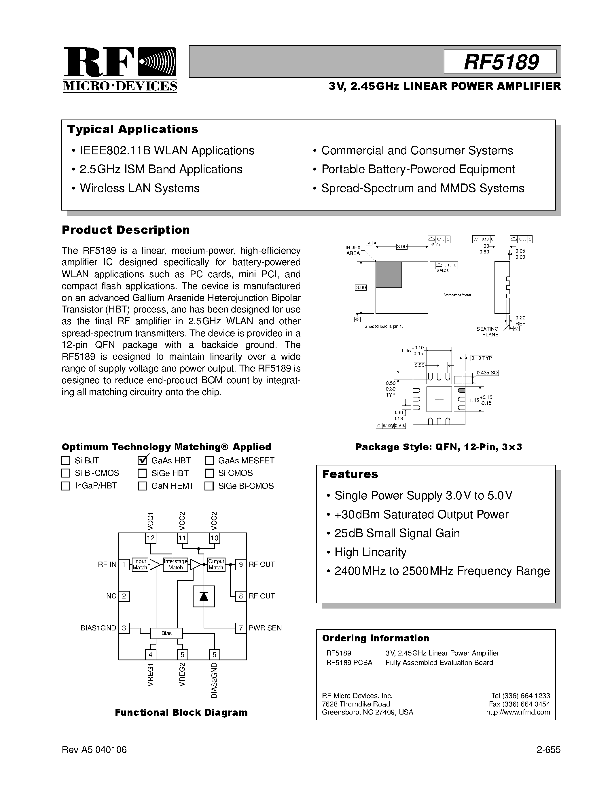 Даташит RF5189 - 3V / 2.45GHz LINEAR POWER AMPLIFIER страница 1