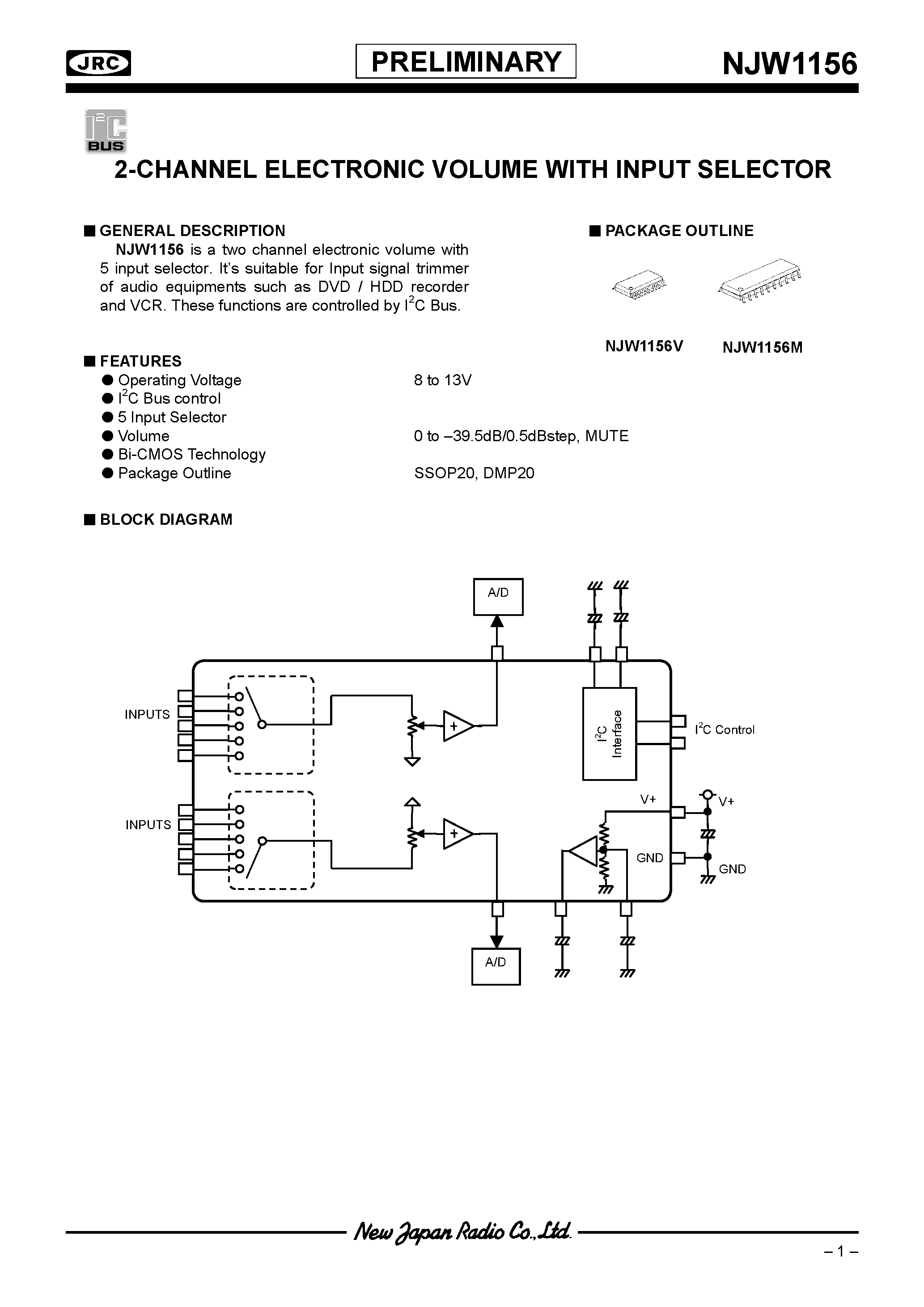 Даташит NJW1156 - 2-CHANNEL ELECTRONIC VOLUME WITH INPUT SELECTOR страница 1