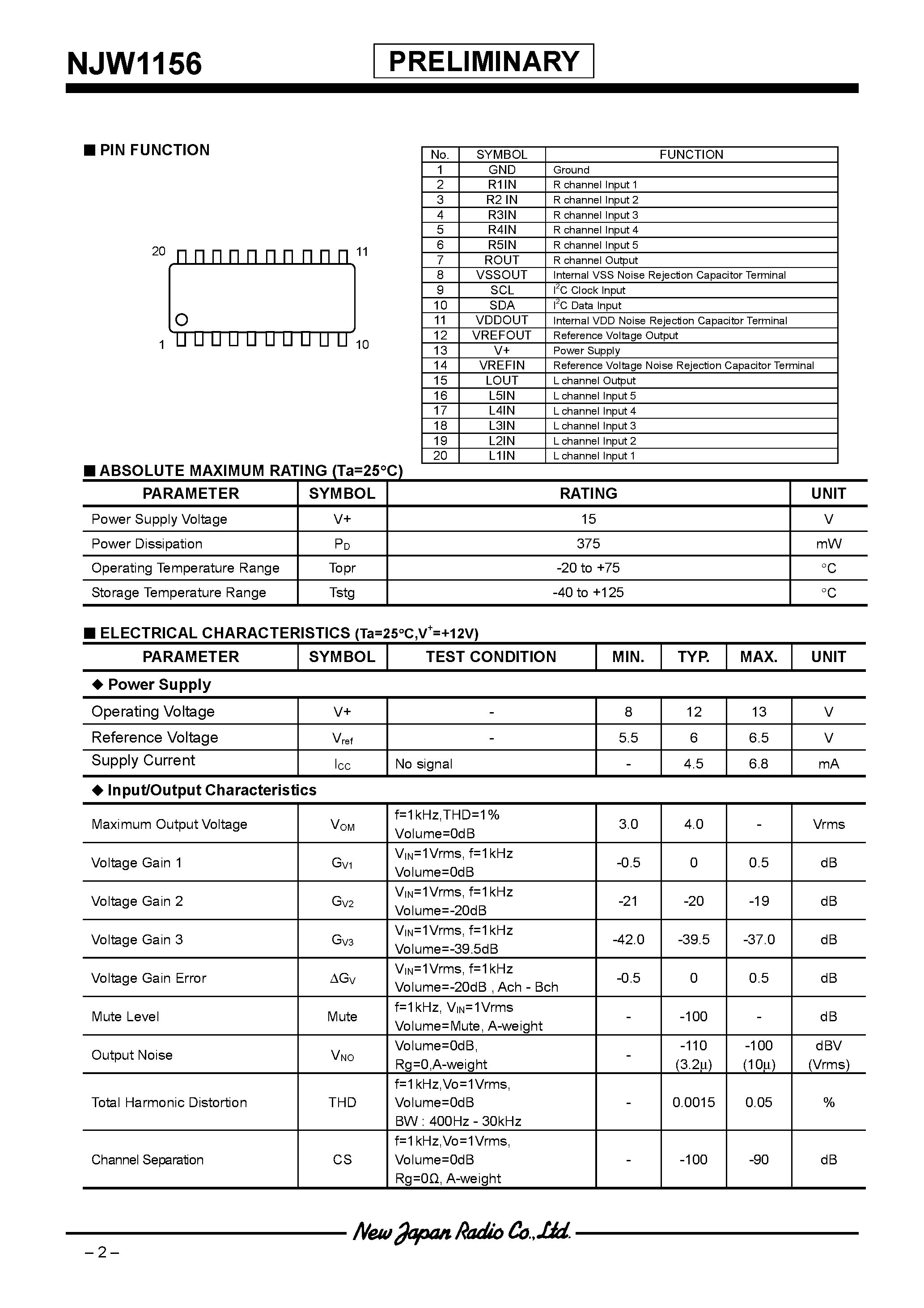 Даташит NJW1156 - 2-CHANNEL ELECTRONIC VOLUME WITH INPUT SELECTOR страница 2