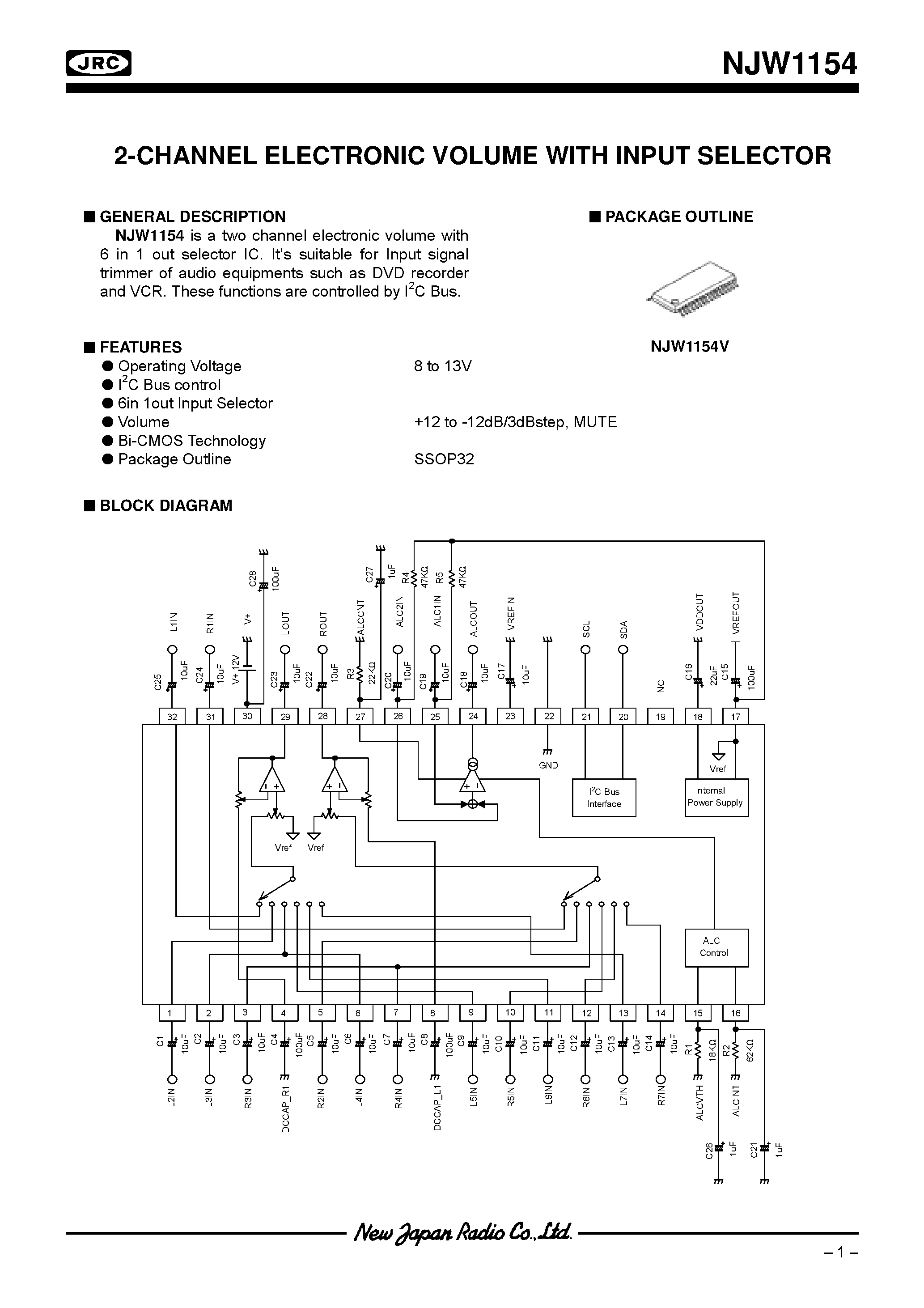 Даташит NJW1154 - 2-CHANNEL ELECTRONIC VOLUME WITH INPUT SELECTOR страница 1