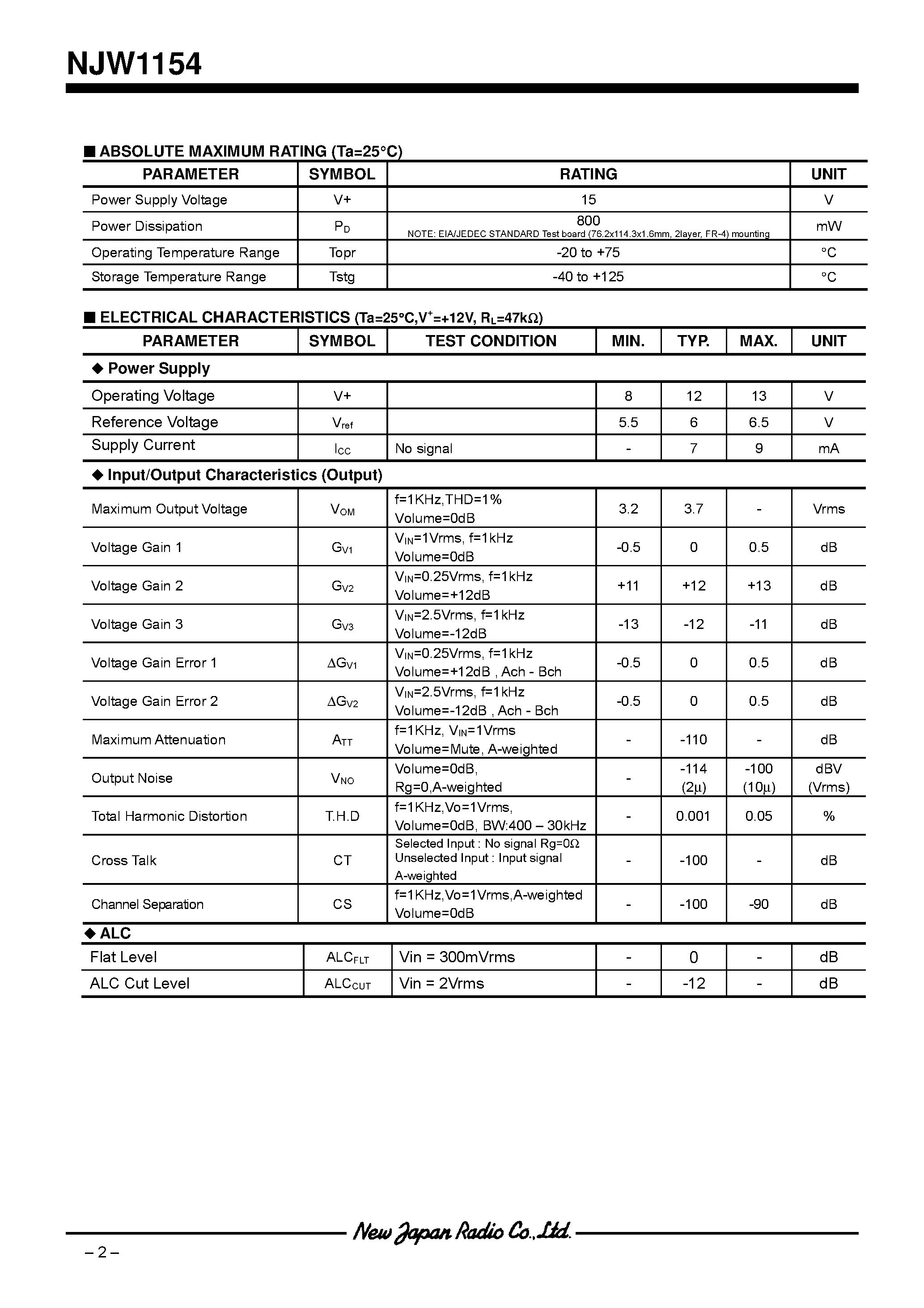 Даташит NJW1154 - 2-CHANNEL ELECTRONIC VOLUME WITH INPUT SELECTOR страница 2