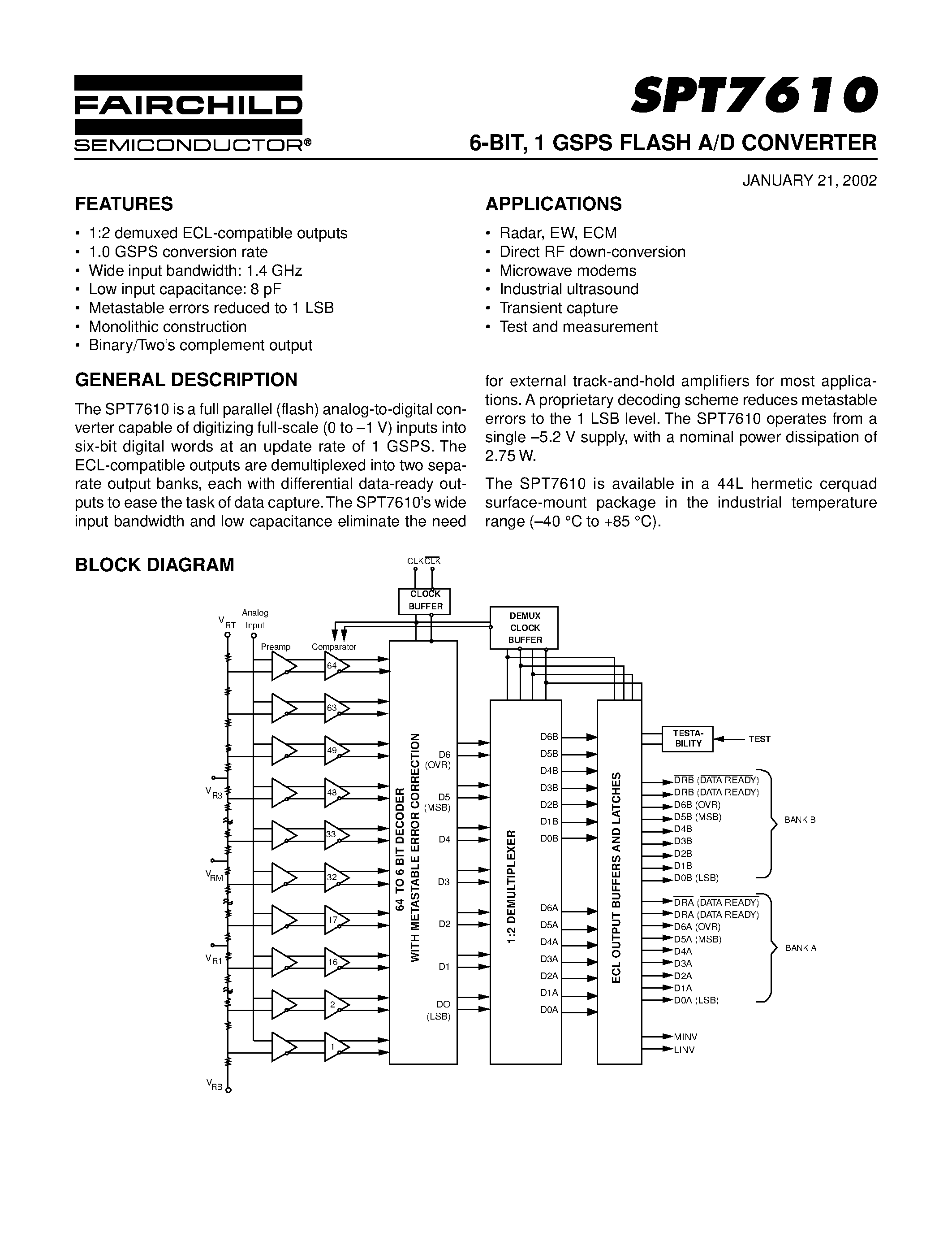 Даташит SPT7610 - 6-BIT / 1 GSPS FLASH A/D CONVERTER страница 1