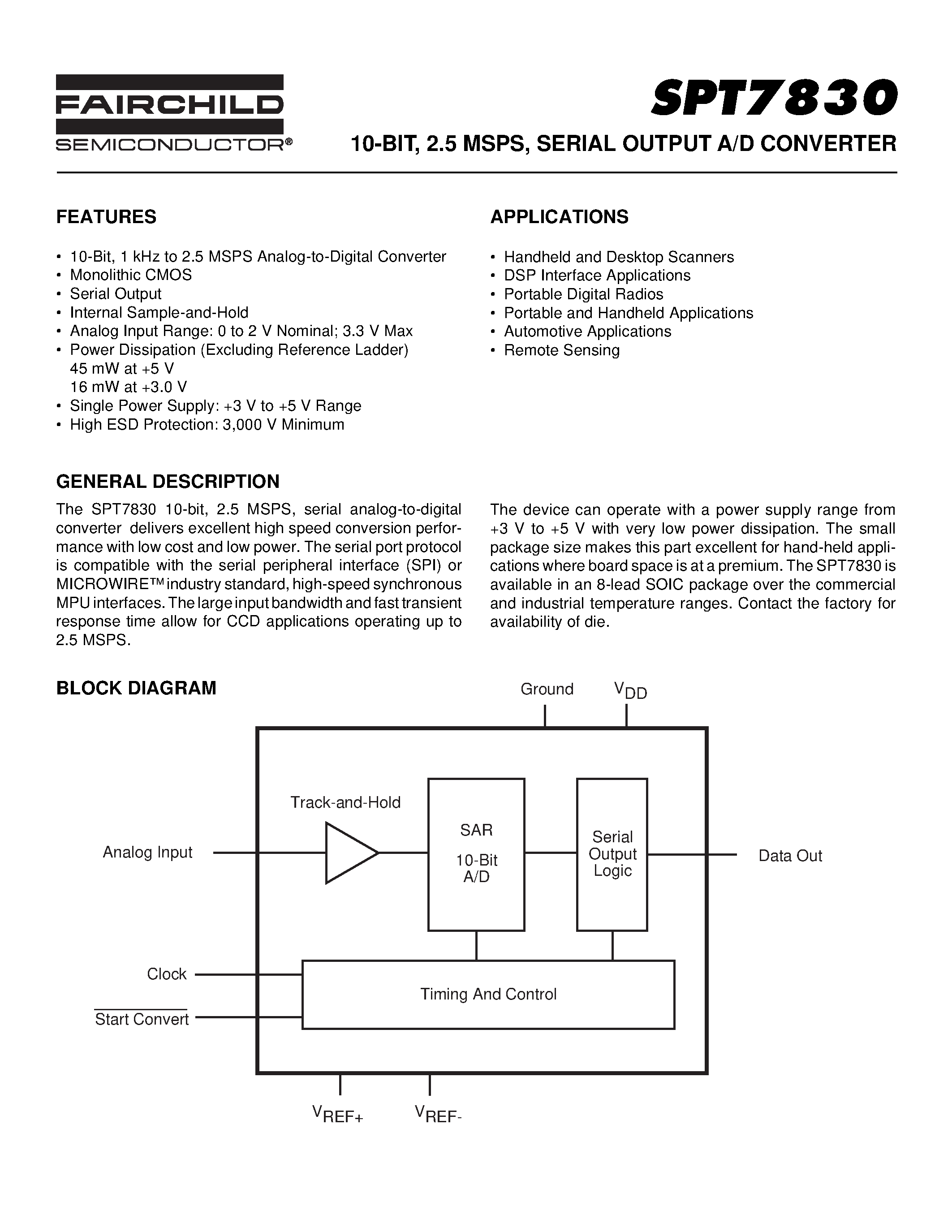 Даташит SPT7830 - 10-BIT / 2.5 MSPS / SERIAL OUTPUT A/D CONVERTER страница 1