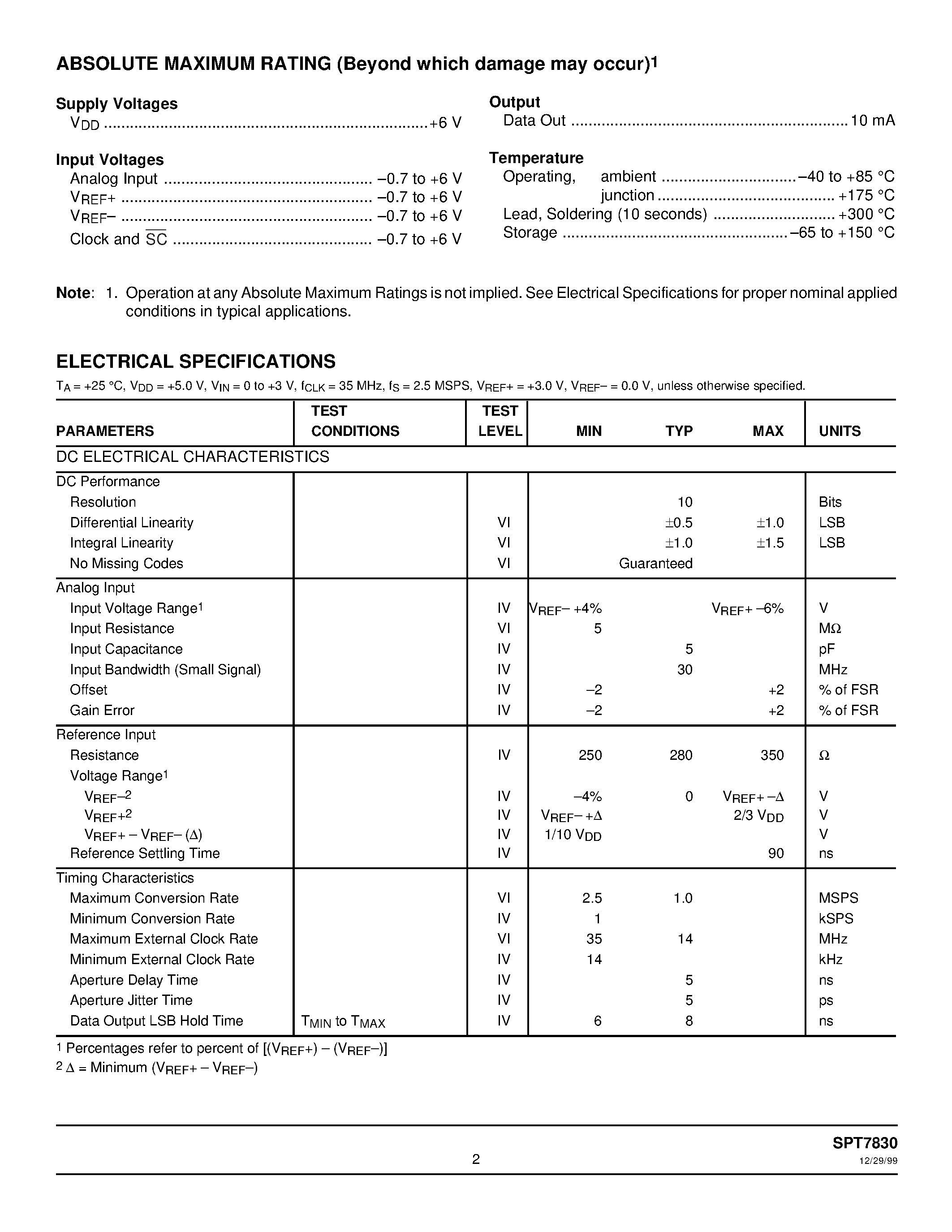 Даташит SPT7830 - 10-BIT / 2.5 MSPS / SERIAL OUTPUT A/D CONVERTER страница 2