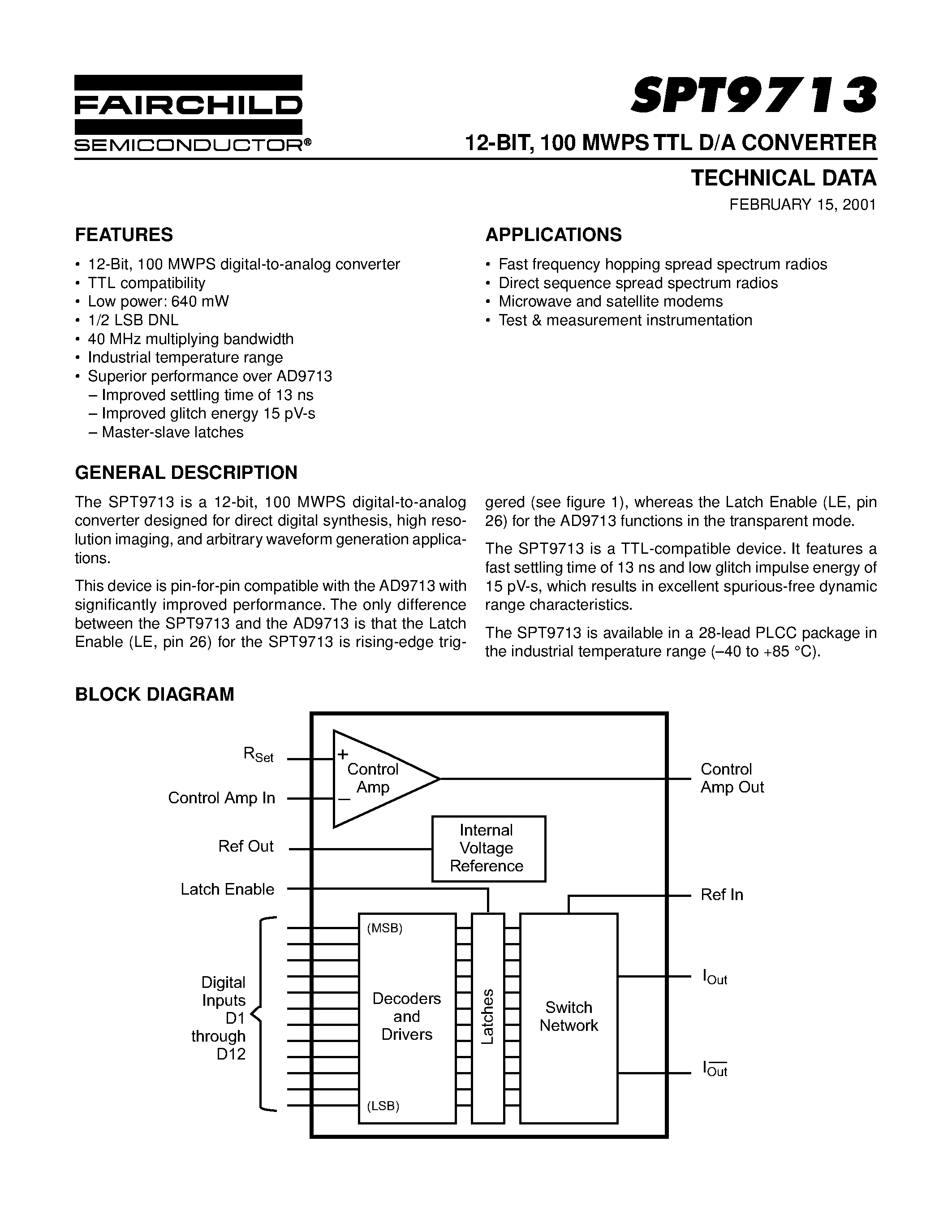 Даташит SPT9713 - 12-BIT / 100 MWPS TTL D/A CONVERTER страница 1