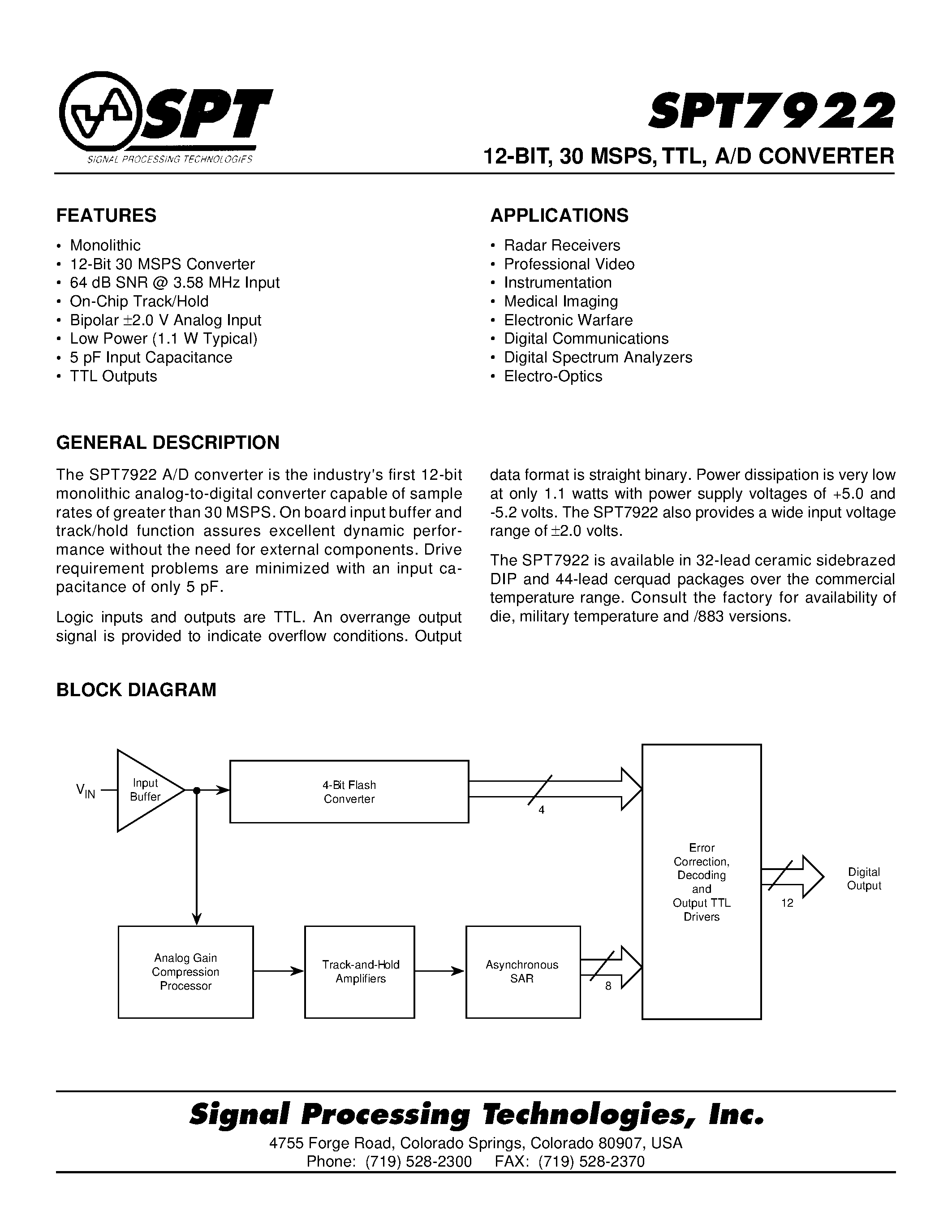 Даташит SPT7922 - 12-BIT / 30 MSPS / TTL / A/D CONVERTER страница 1