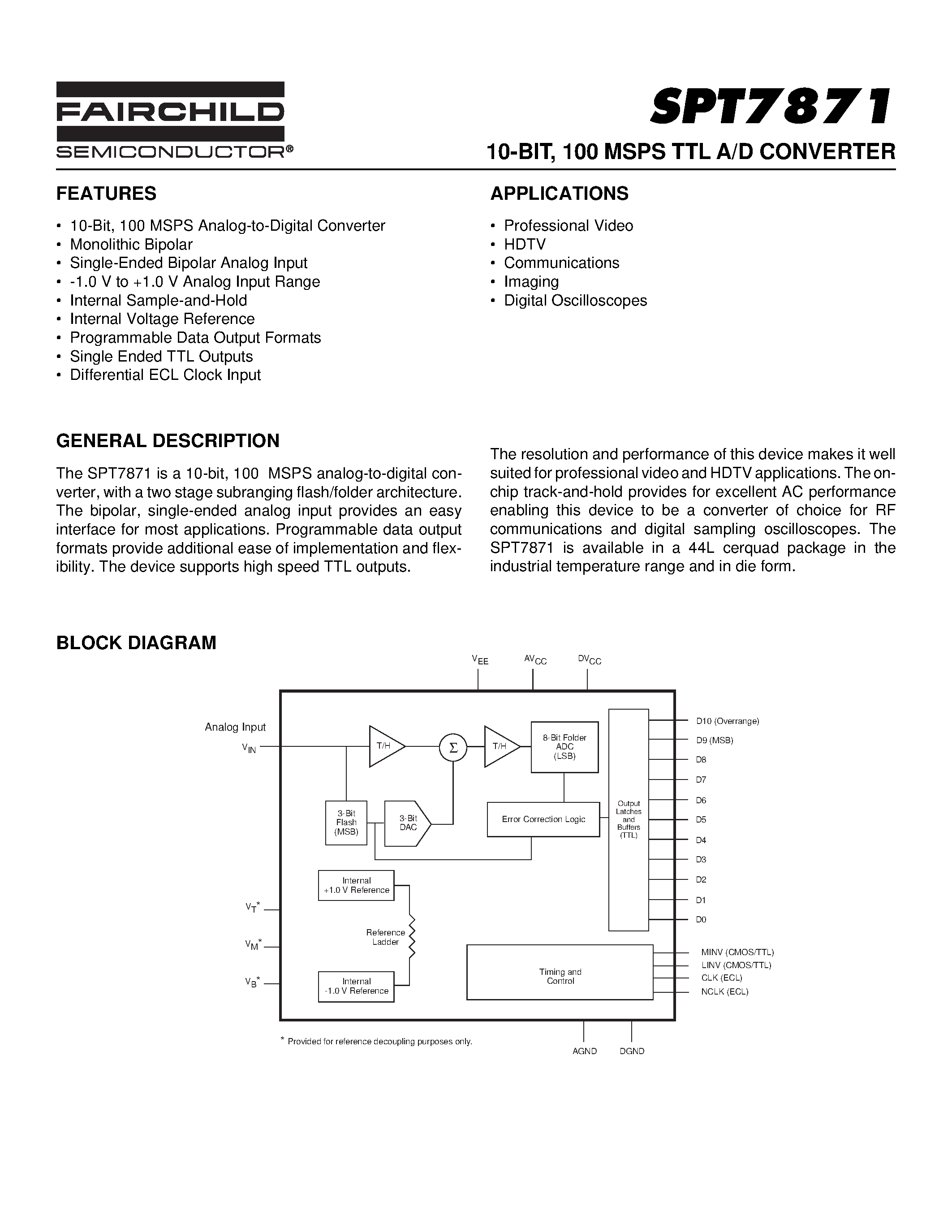 Даташит SPT7871 - 10-BIT / 100 MSPS TTL A/D CONVERTER страница 1