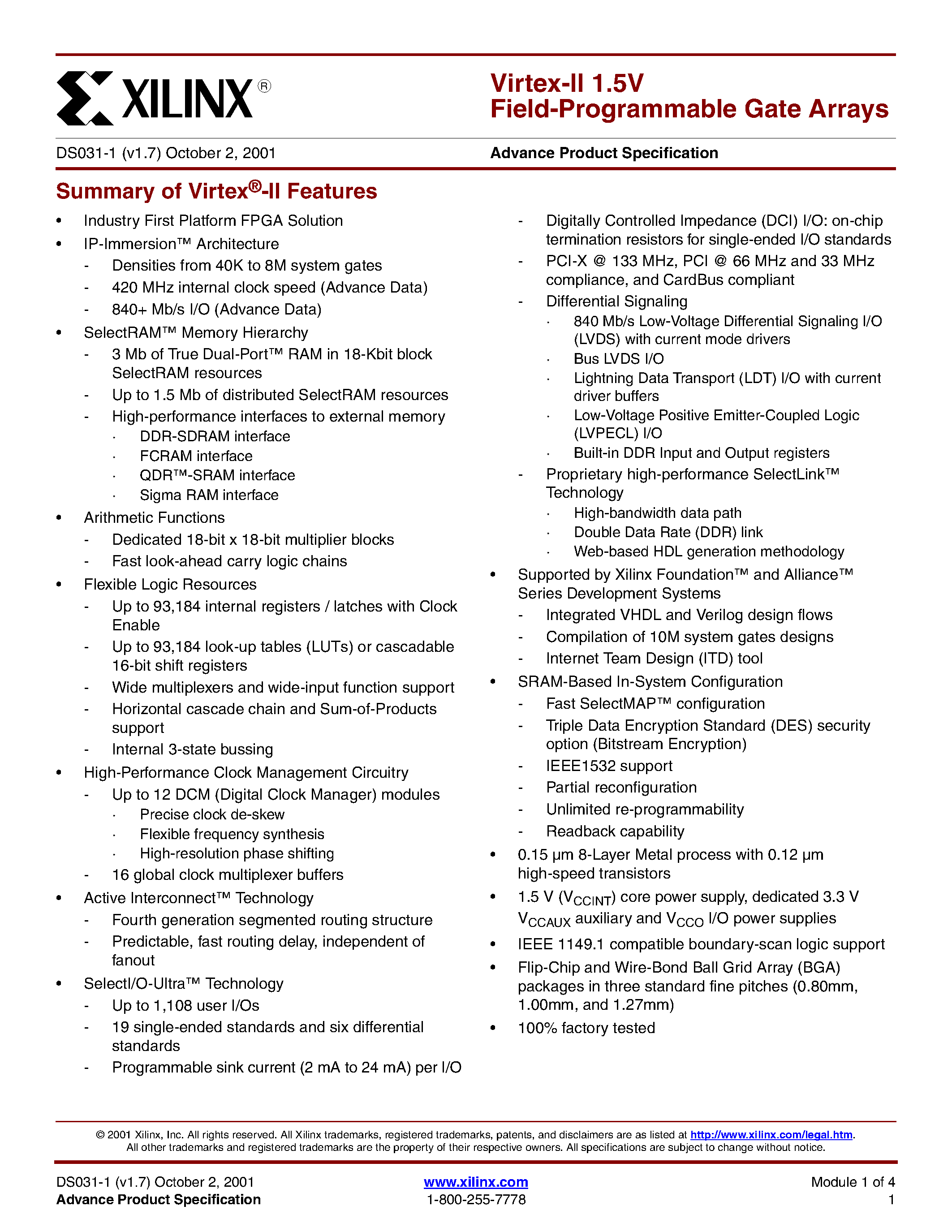 Даташит XC2V80 - Virtex-II 1.5V Field-Programmable Gate Arrays страница 1