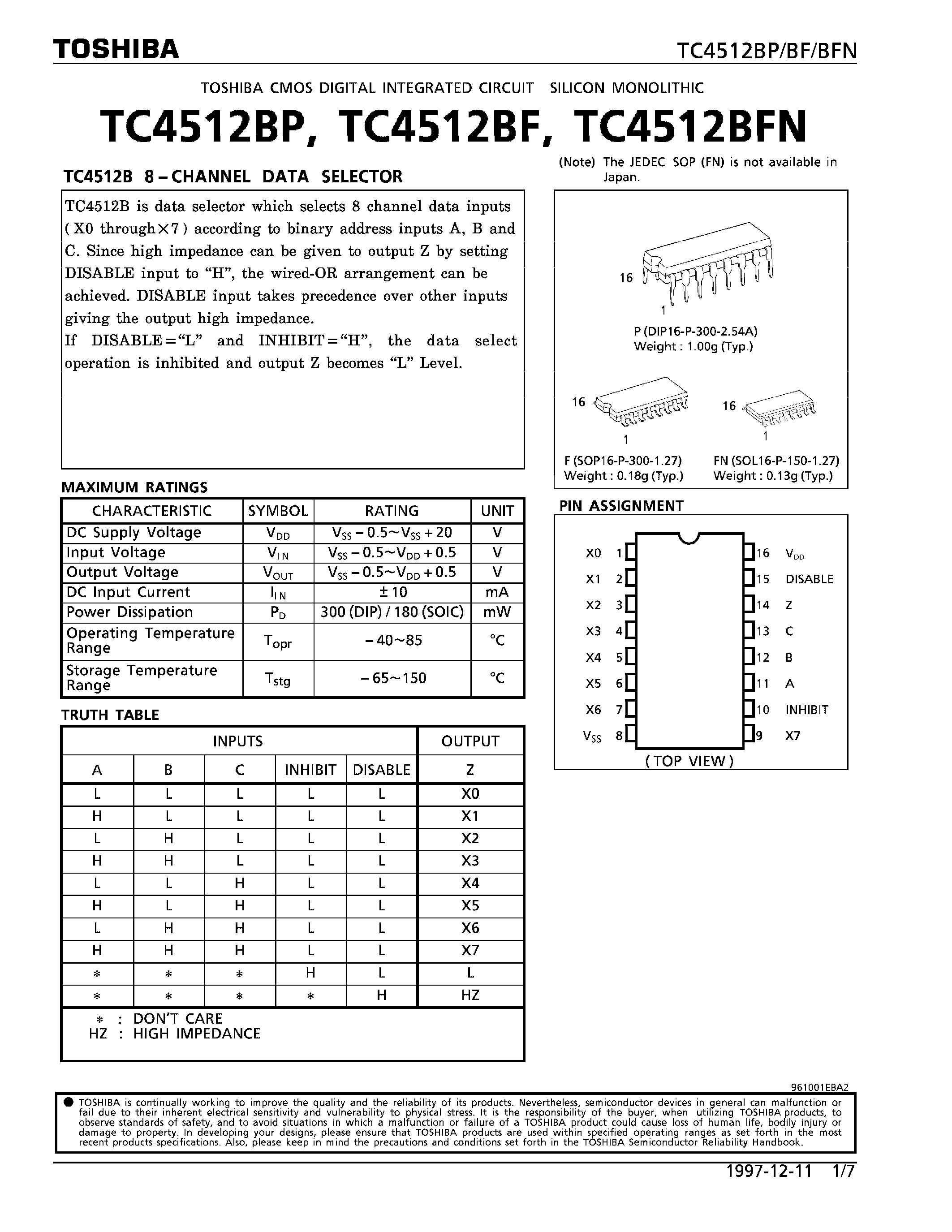 Даташит TC4512 - 8-CHANNEL DATA SELECTOR страница 1