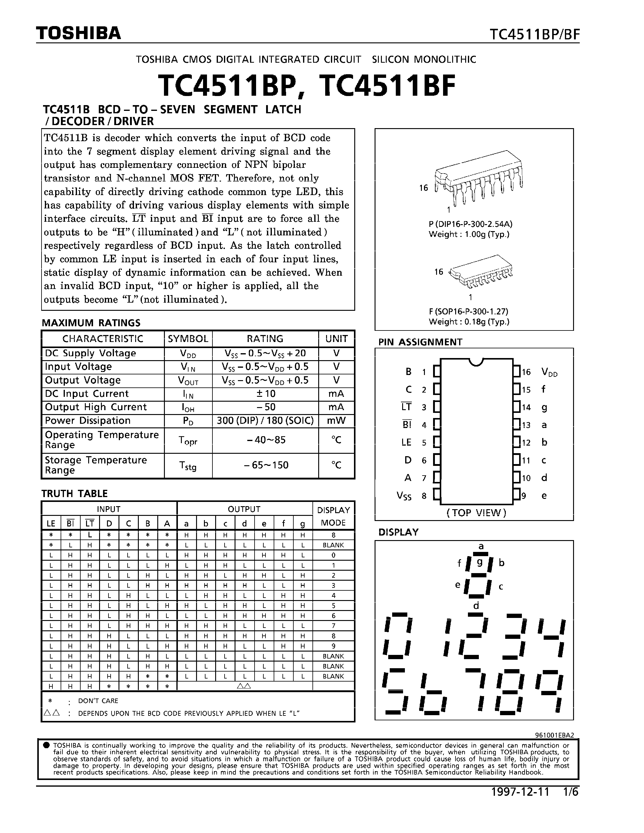 Даташит TC4511 - BCD-TO-SEVEN SEGEMENT LATCH/DECODER/DRIVER страница 1