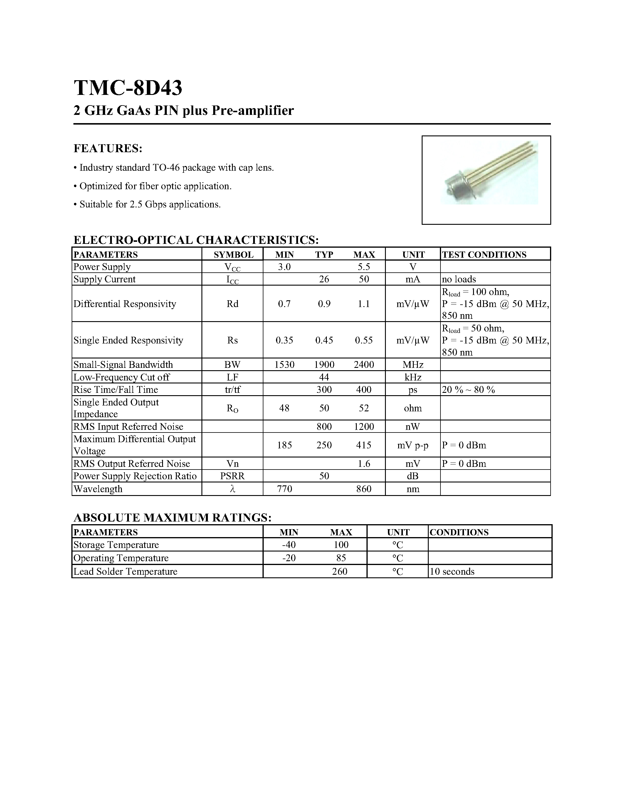 Даташит TMC-8D43 - 2 GHZ GAAS PIN PLUS AMPLIFIER страница 1