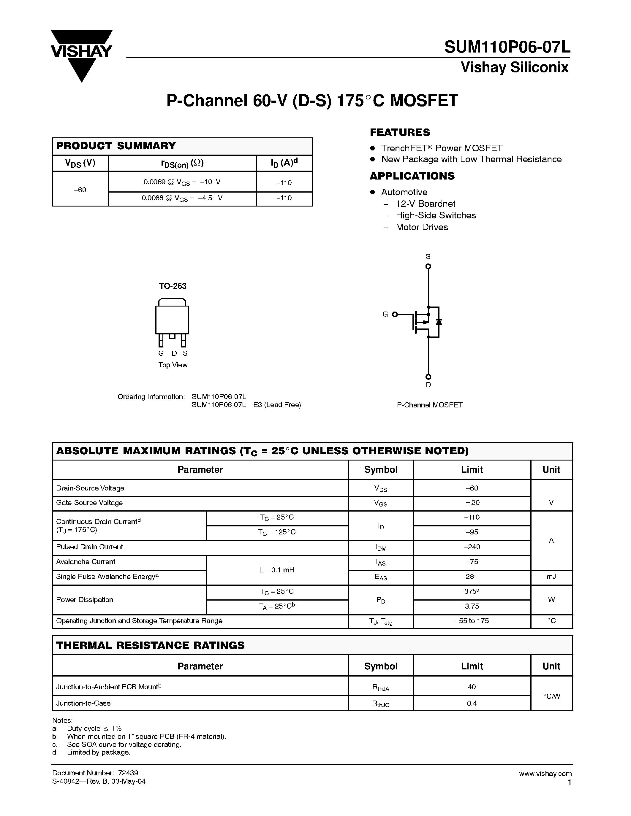 Даташит SUM110P06-07L - P-Channel 60-V (D-S) 175 Degree Celcious MOSFET страница 1