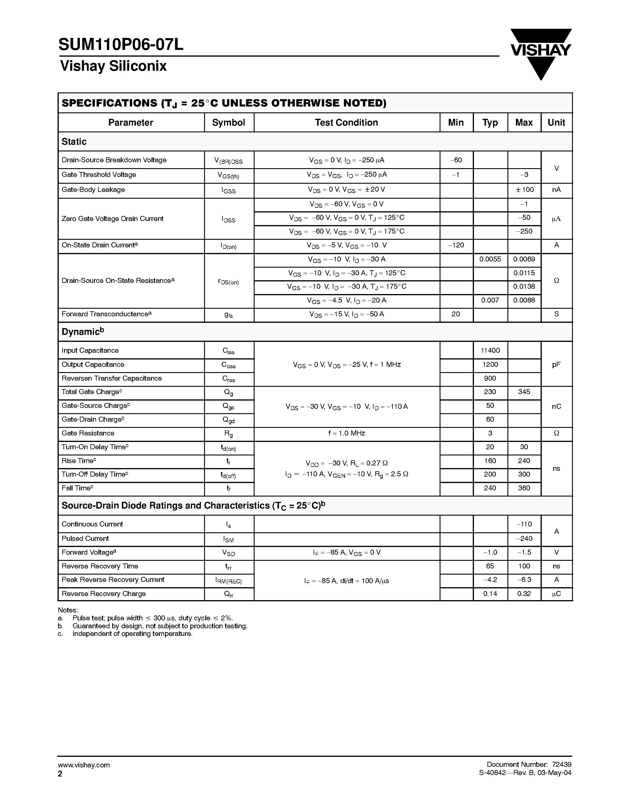 Даташит SUM110P06-07L - P-Channel 60-V (D-S) 175 Degree Celcious MOSFET страница 2