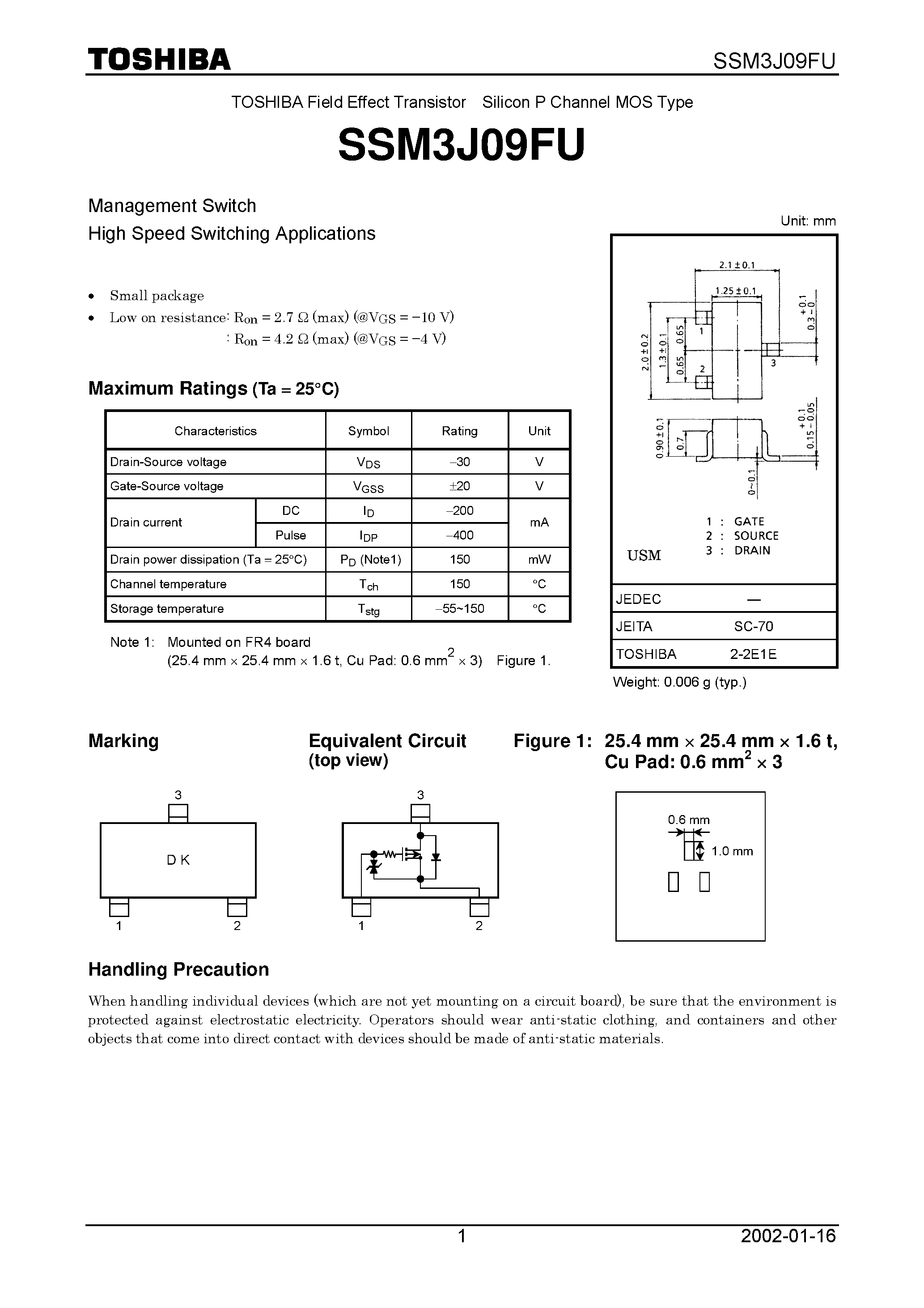 Даташит SSM3J09FU - TOSHIBA Field Effect Transistor Silicon P Channel MOS Type страница 1