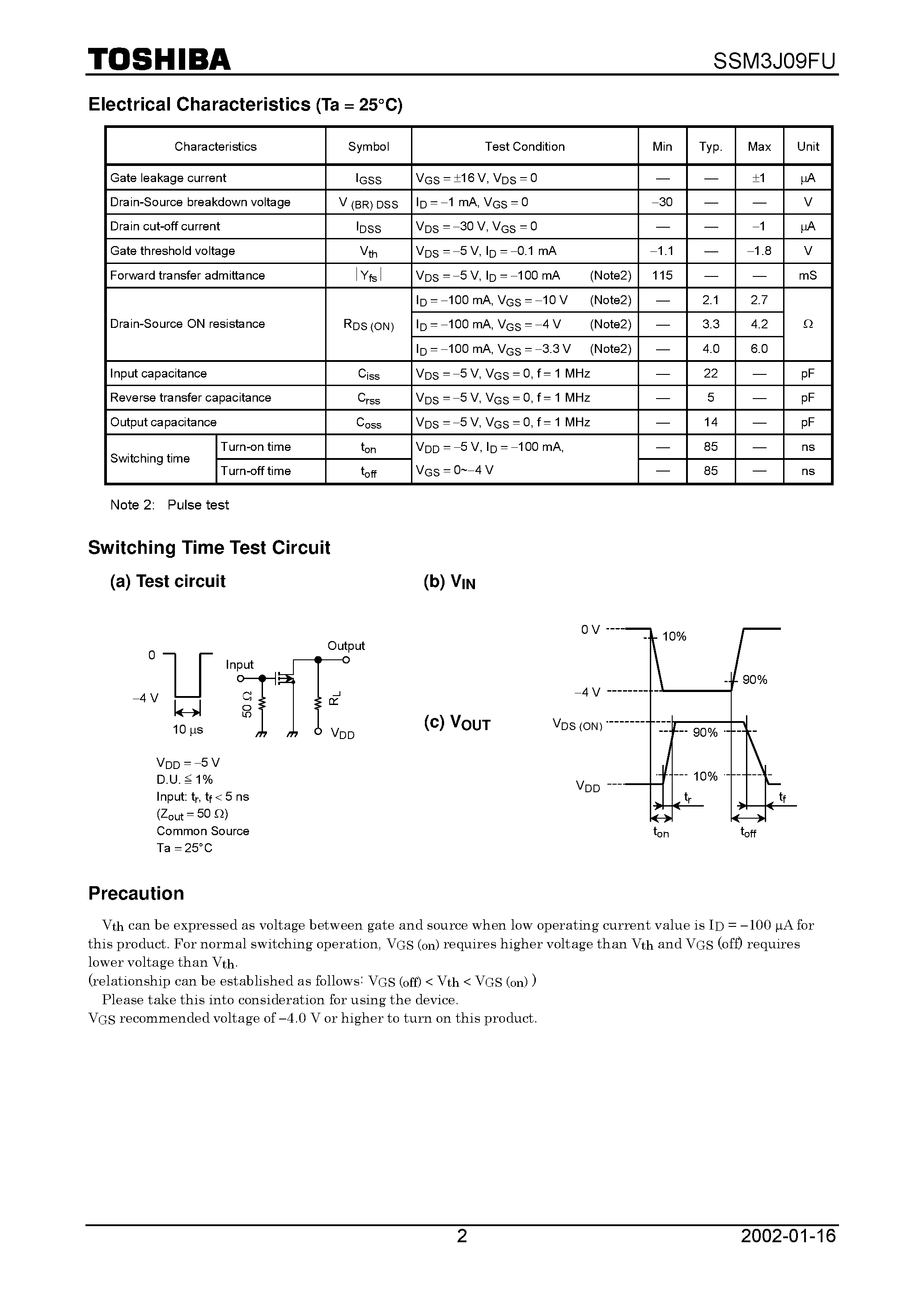 Даташит SSM3J09FU - TOSHIBA Field Effect Transistor Silicon P Channel MOS Type страница 2