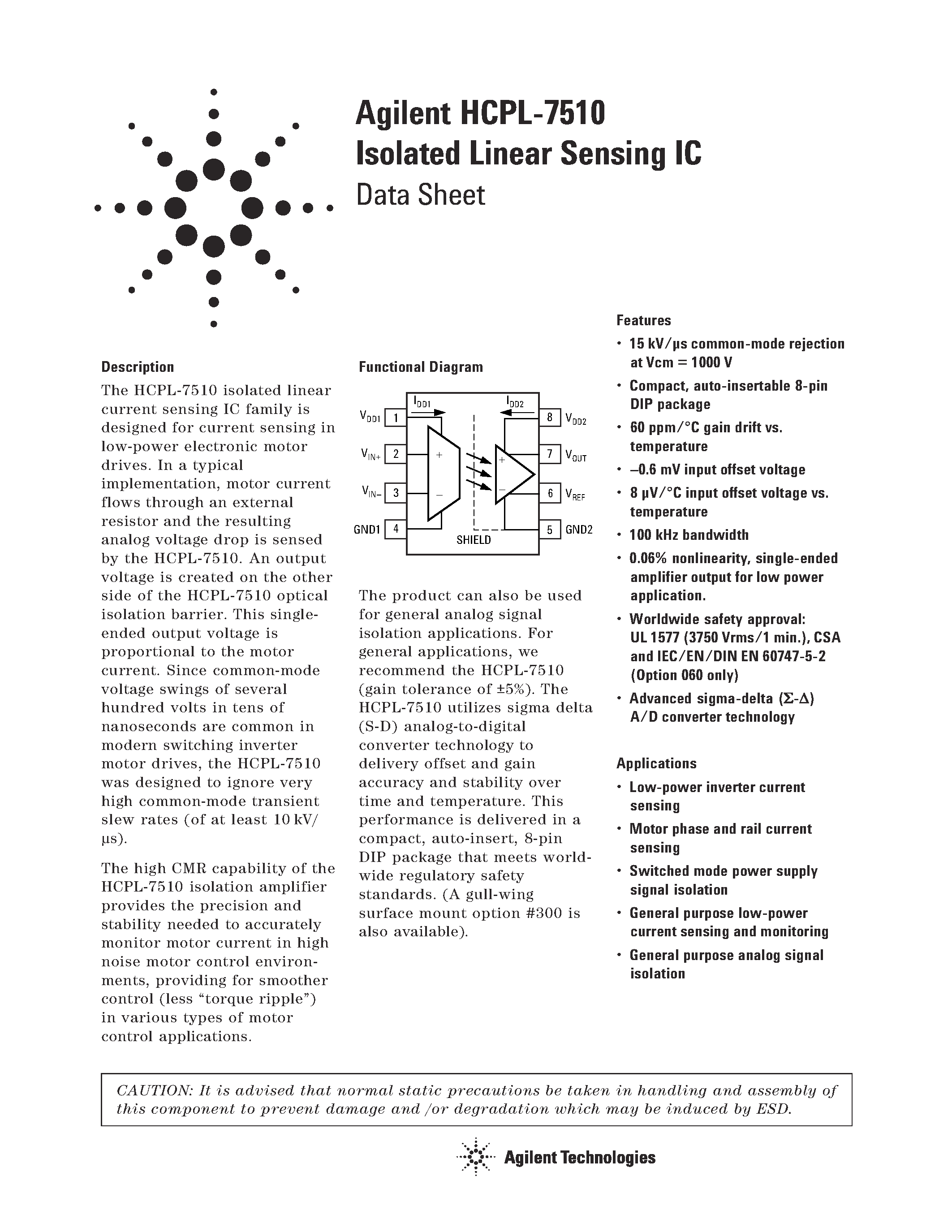 Datasheet HCPL-7510 - Isolated Linear Sensing IC page 1