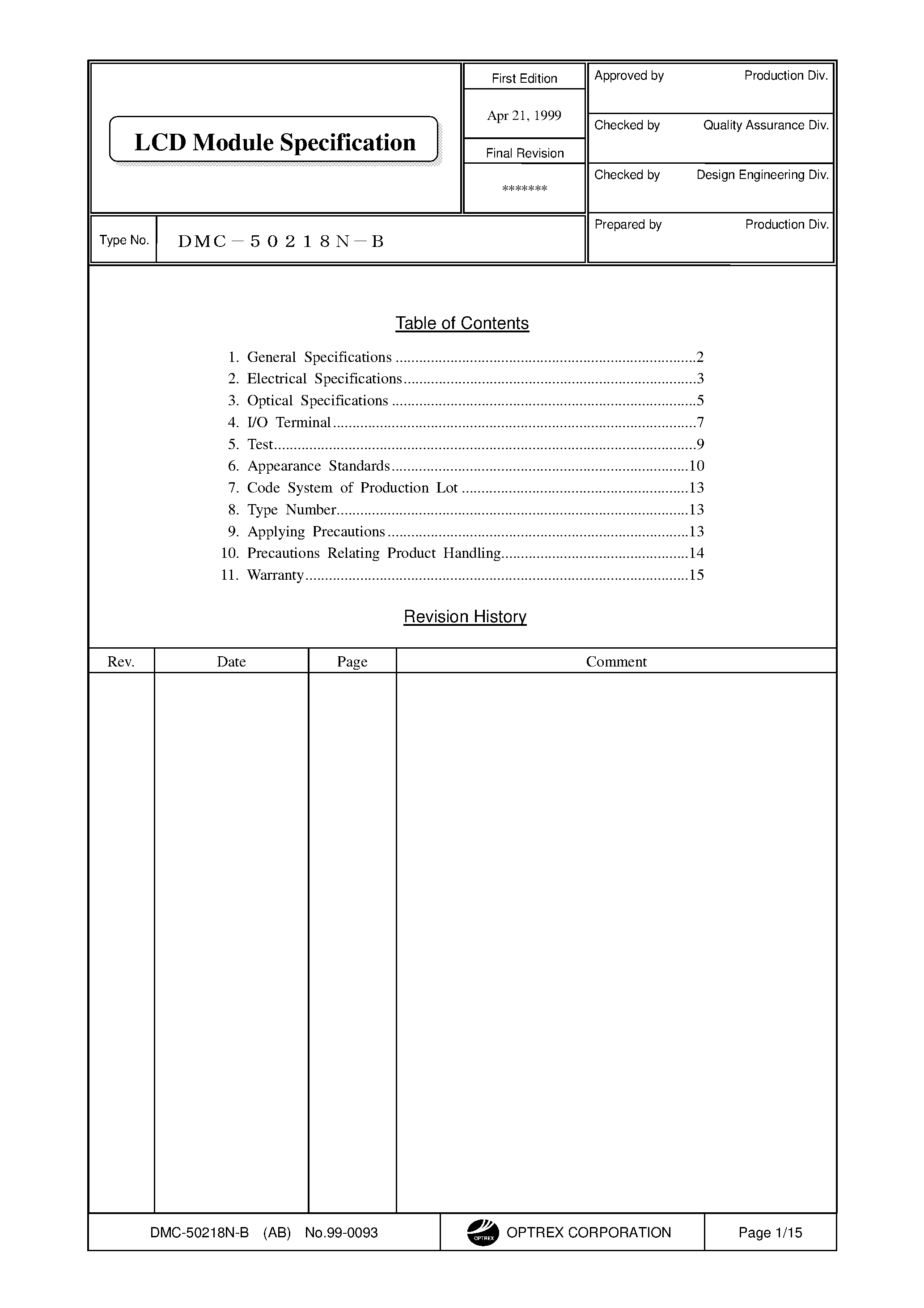 Datasheet DMC-50218N-B - LCD Module Specification page 1