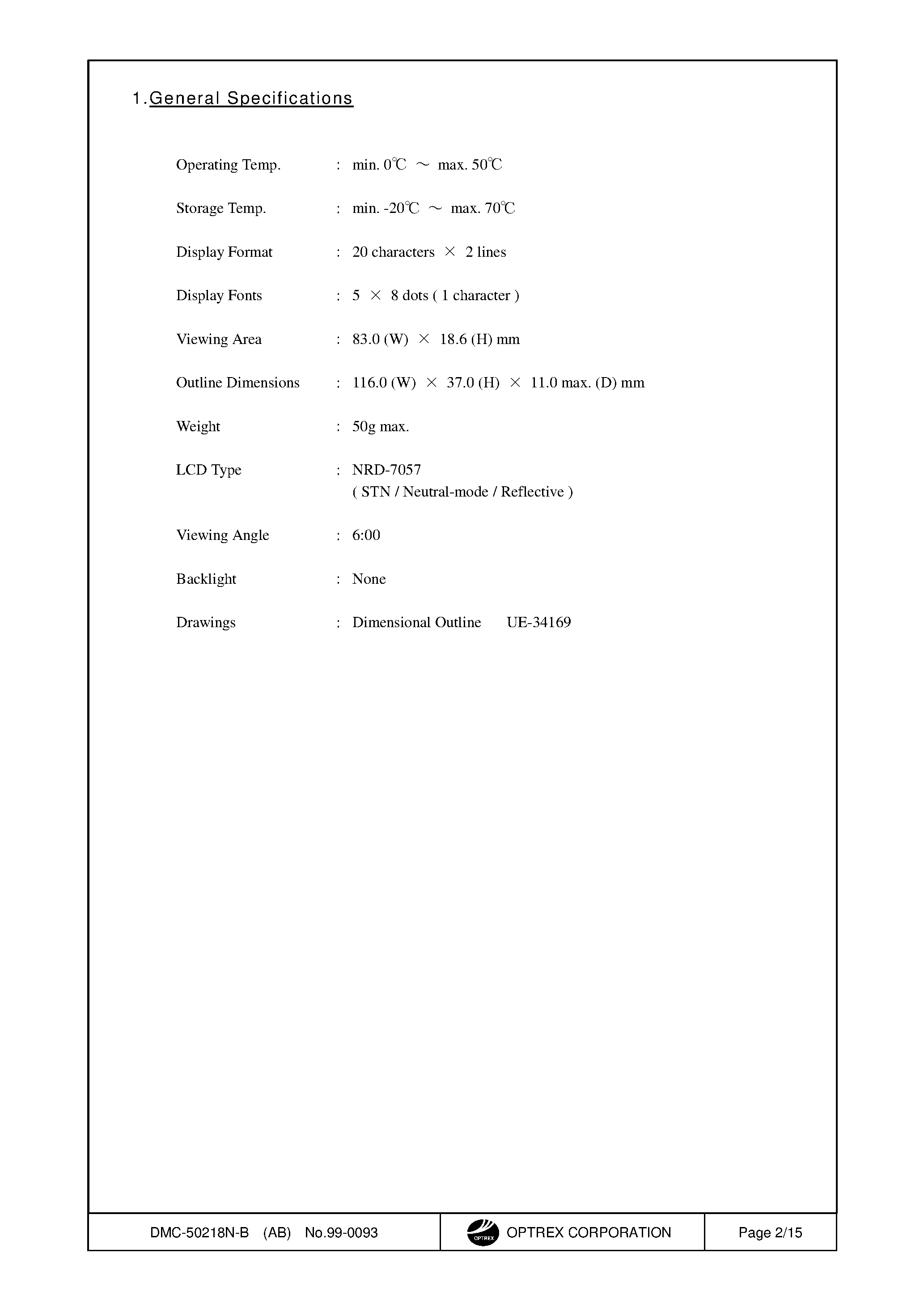 Datasheet DMC-50218N-B - LCD Module Specification page 2