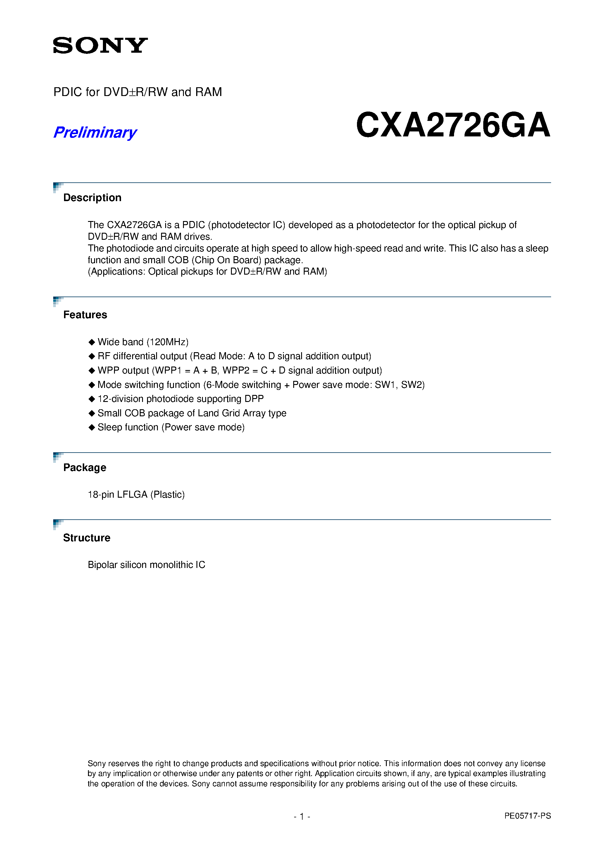 Datasheet CXA2726GA - PDIC for DVD+-RW and RAM page 1