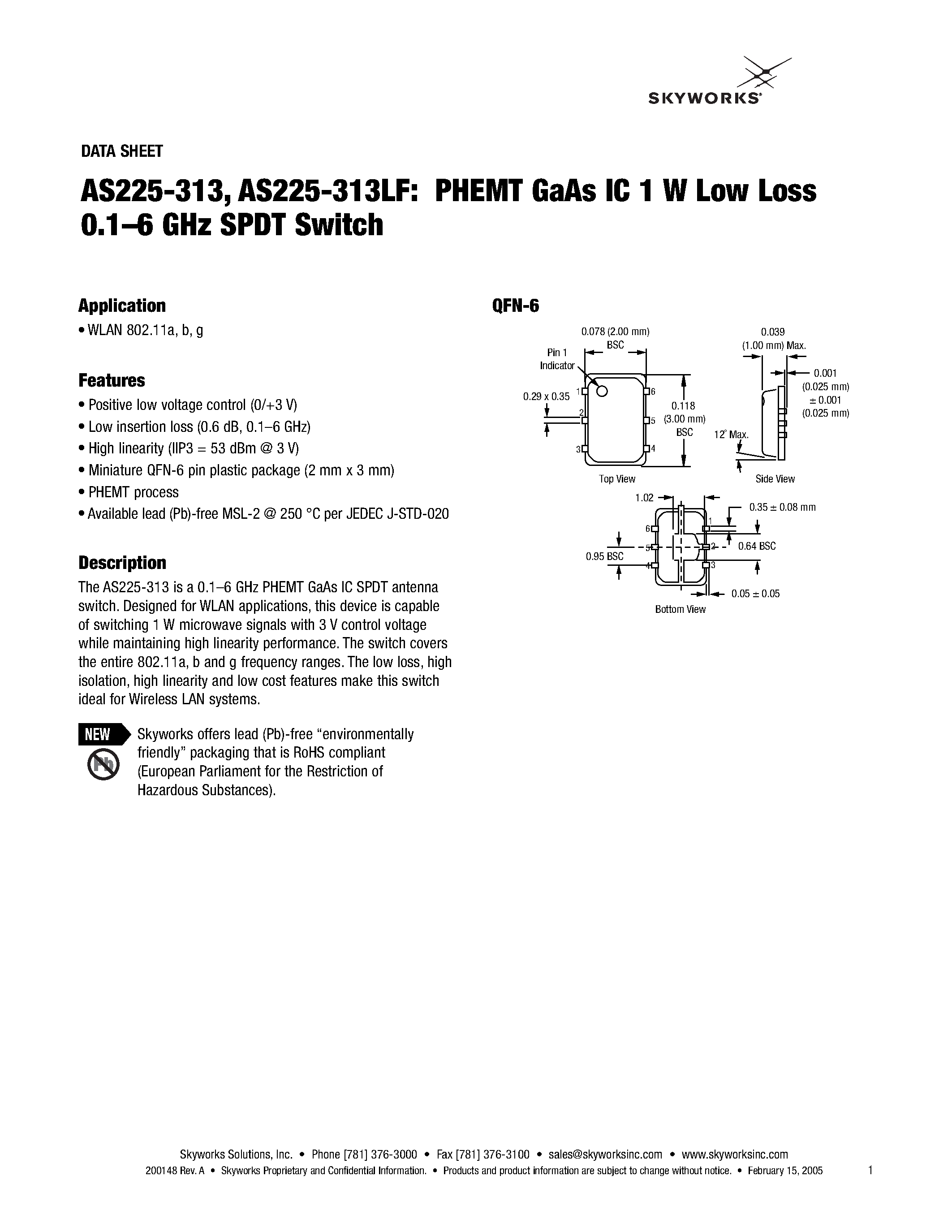 Даташит AS225-313 - PHEMT GaAs IC 1 W Low Loss 0.1-6 GHz SPDT Switch страница 1