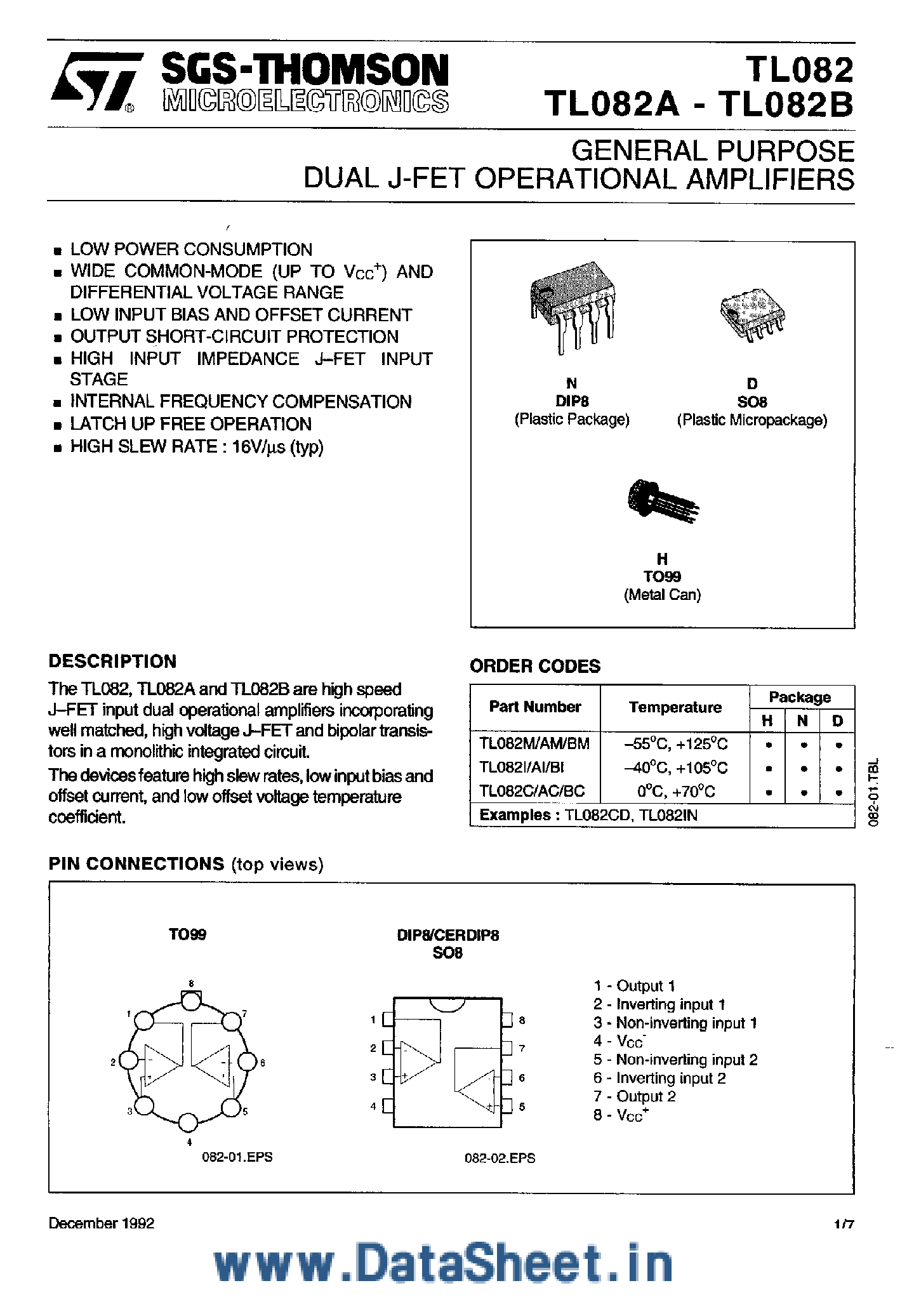 Даташит TL-082 - Dual J-FET OP-AMP страница 1