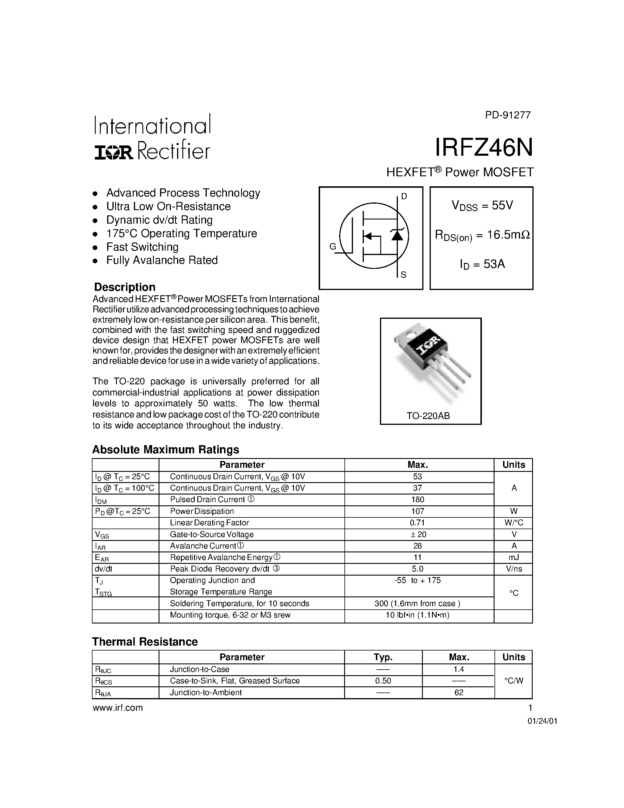 Даташит IRFZ46N - Power MOSFET страница 1