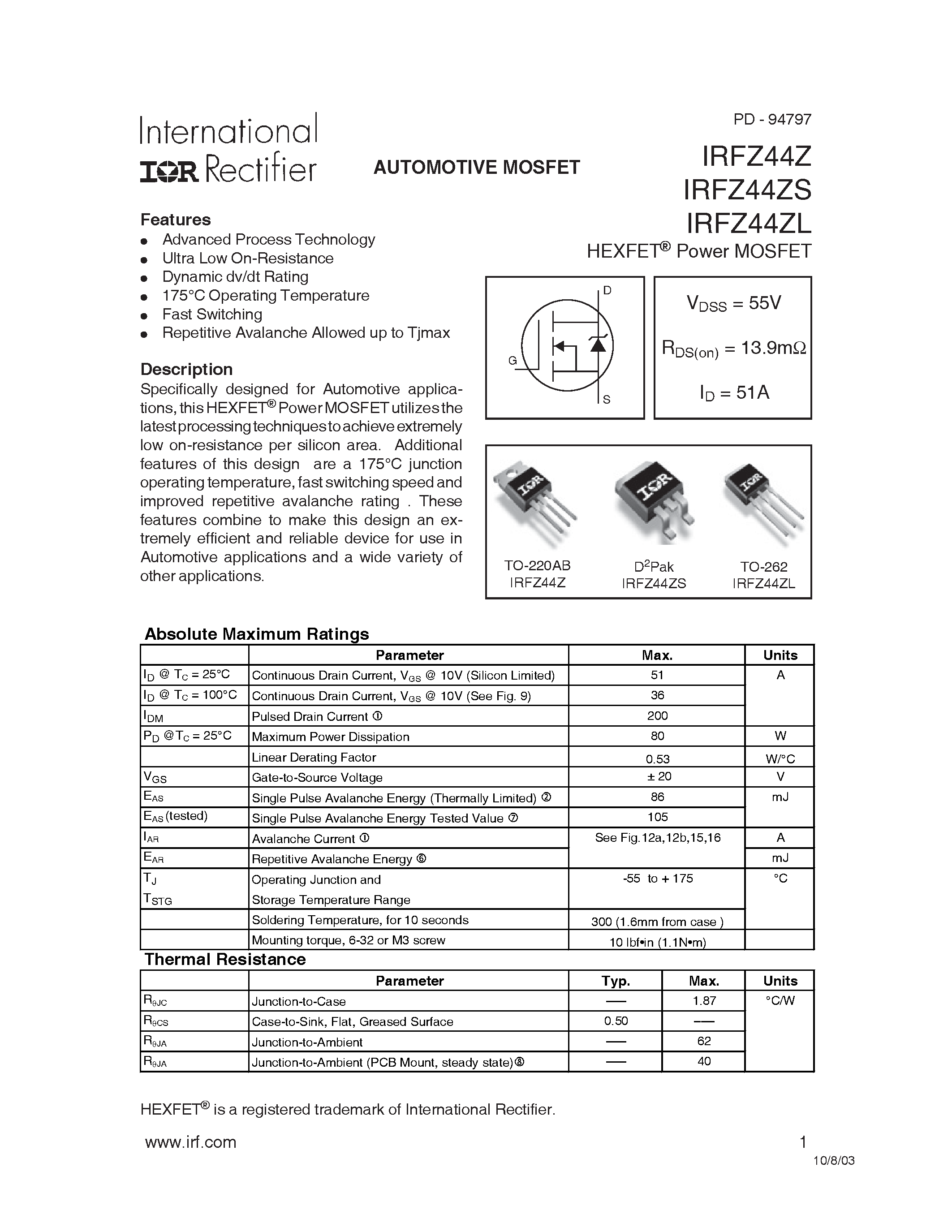 Даташит IRFZ44Z - Power MOSFET страница 1